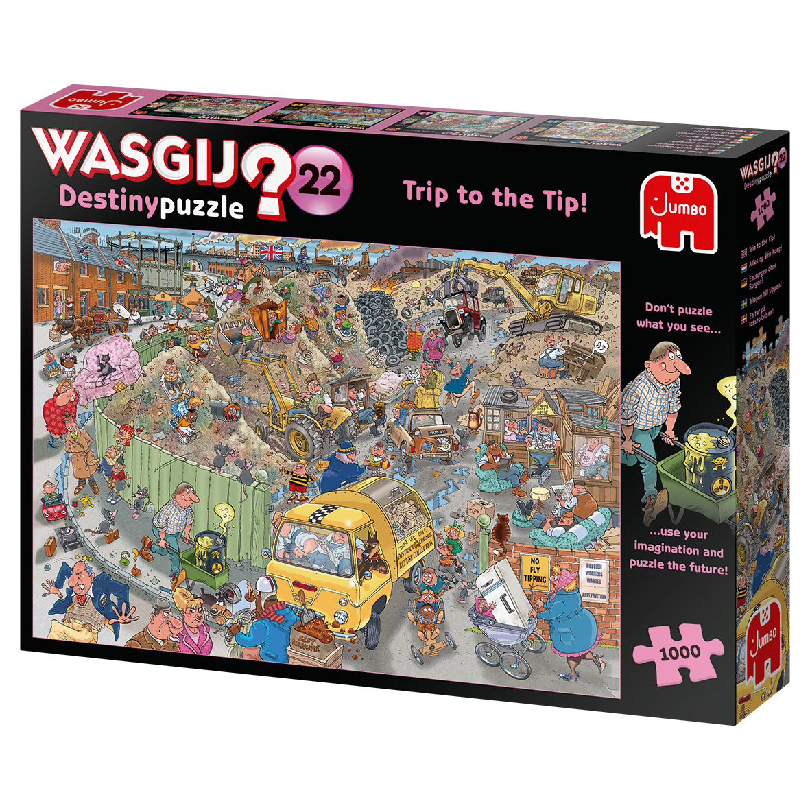 Bunte Puzzledose. Das Bild zeigt eine überfüllte Szene auf einer Mülldeponie, mit Menschen, Fahrzeugen und Müllhaufen.