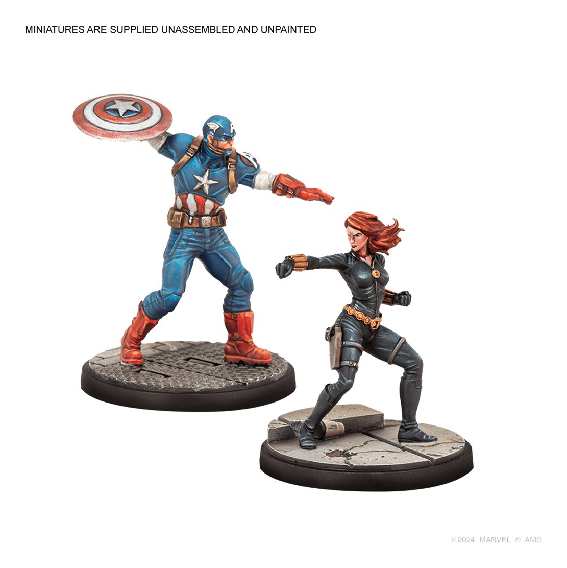 Miniaturas de Capitán América y Black Widow en acción sobre bases agrietadas.