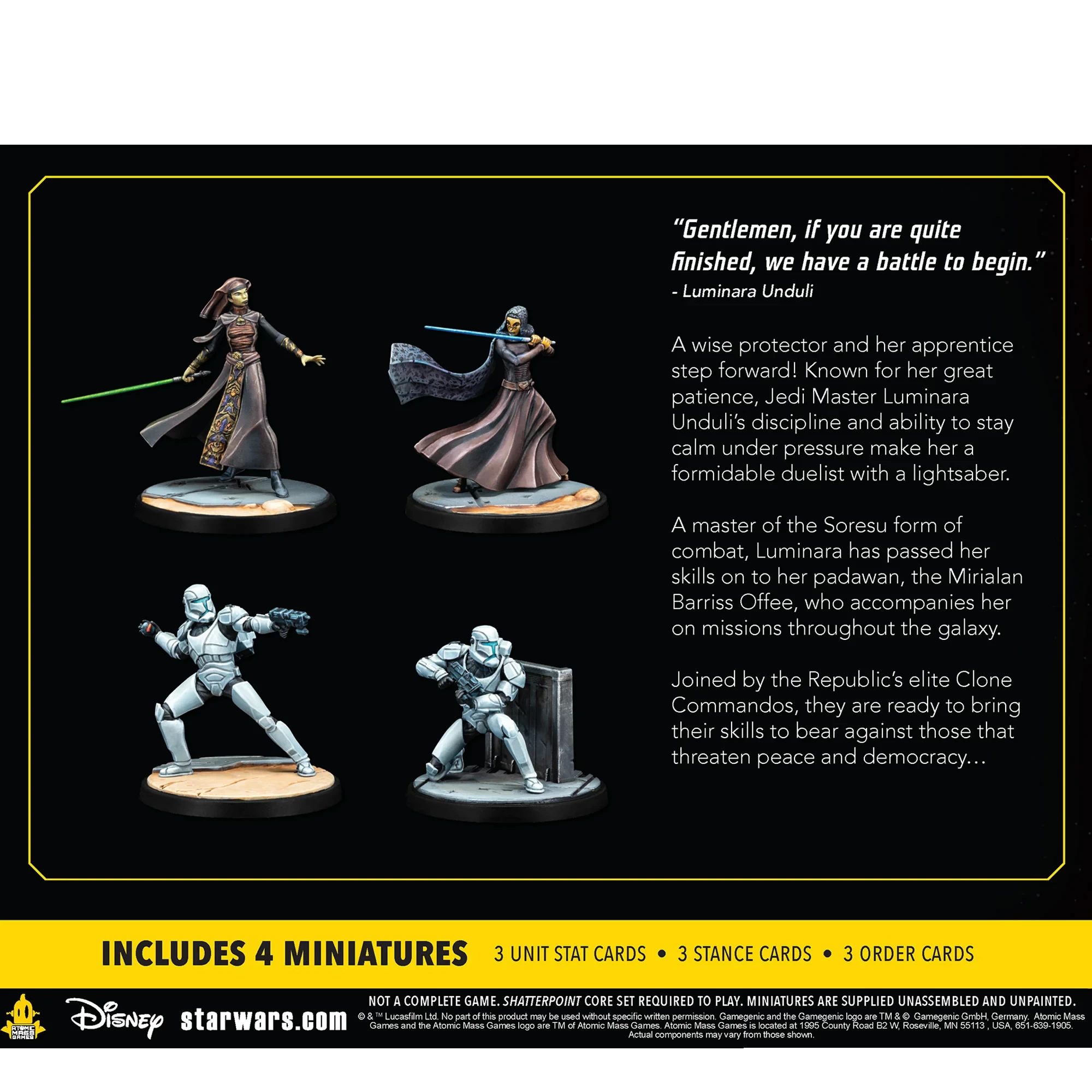 Das Bild zeigt Star Wars-Miniaturen: Jedi Luminara Unduli und Clone Commandos. Die Figuren sind ausgestellt. Text ist ebenfalls vorhanden.