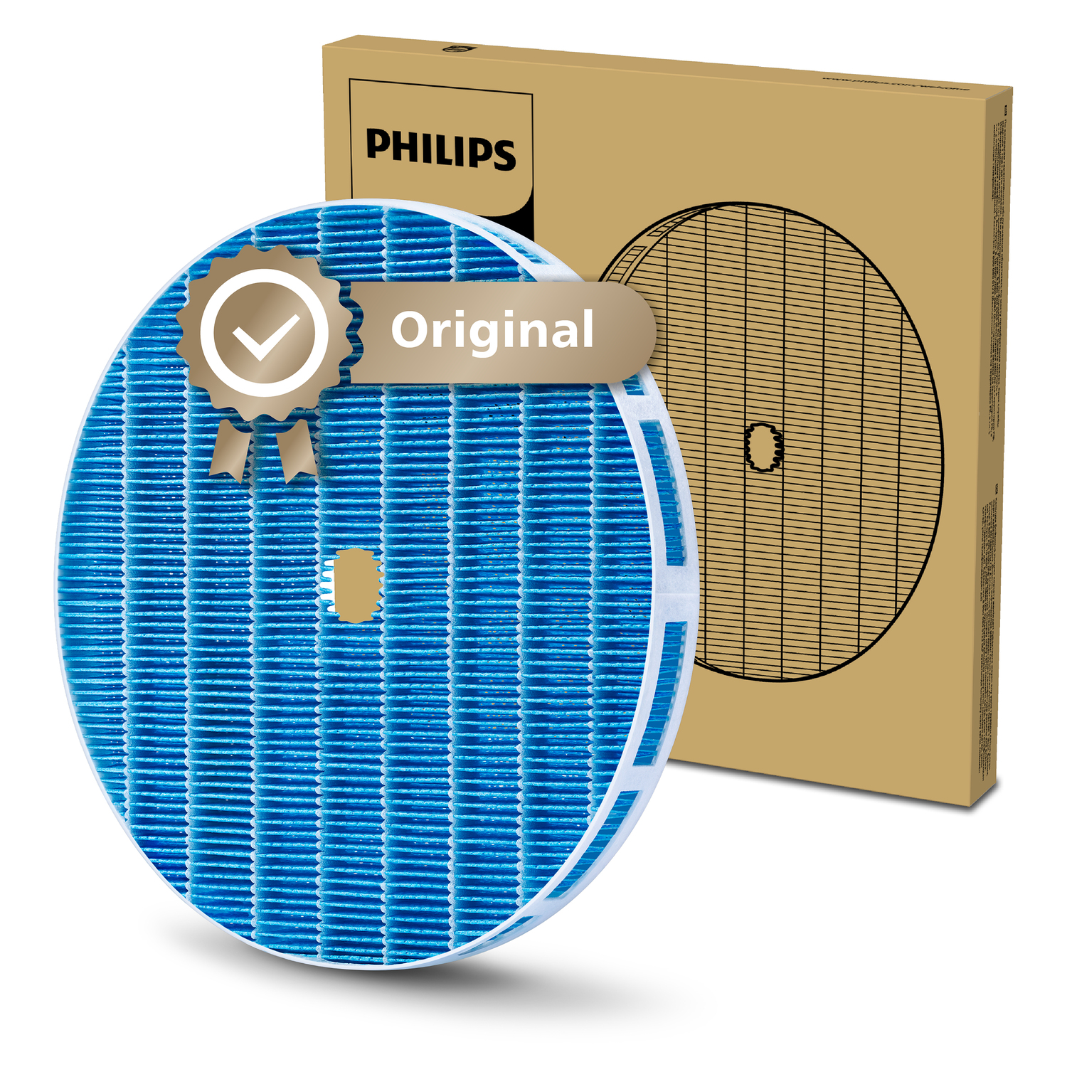 Filtro aria blu con cornice bianca e scatola di cartone. Il filtro ha un'etichetta 'Originale'. La scatola ha il logo Philips.