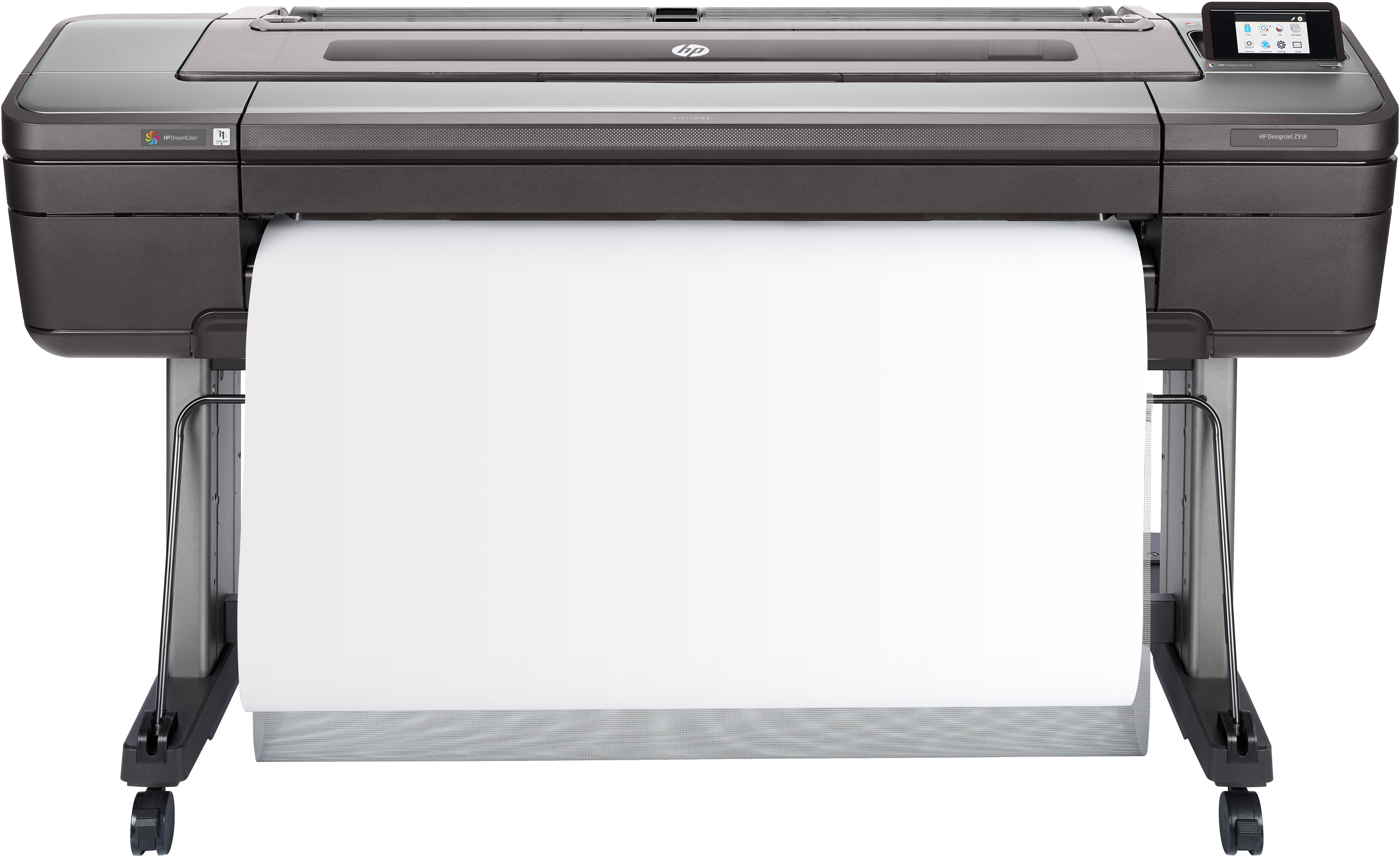 An HP DesignJet Z9+dr printer. It is dark gray with a white paper roll in the front. It has a control panel on the right side.