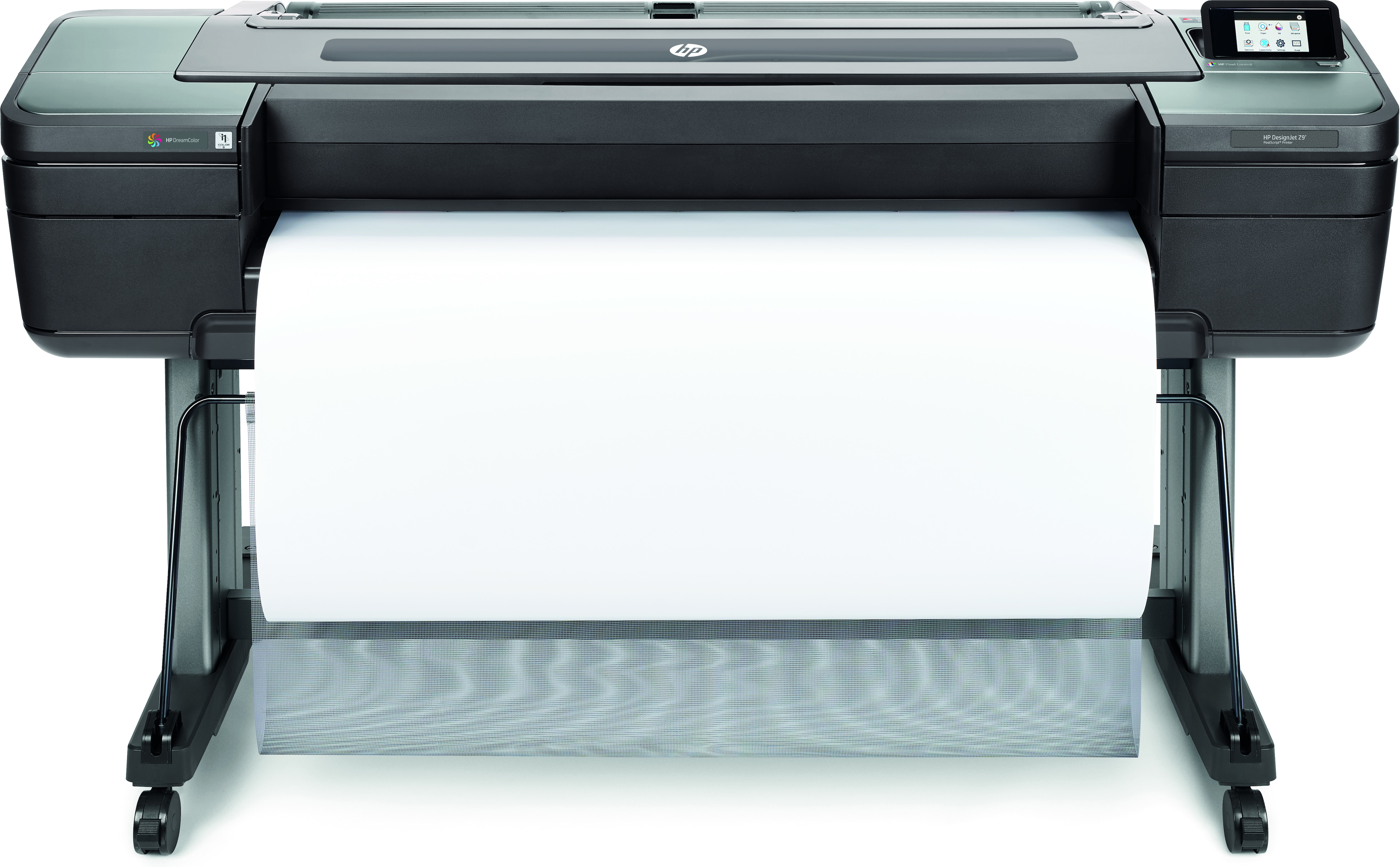 A large format printer with a roll of white paper. The printer is black and gray. The printer is on a stand with wheels.