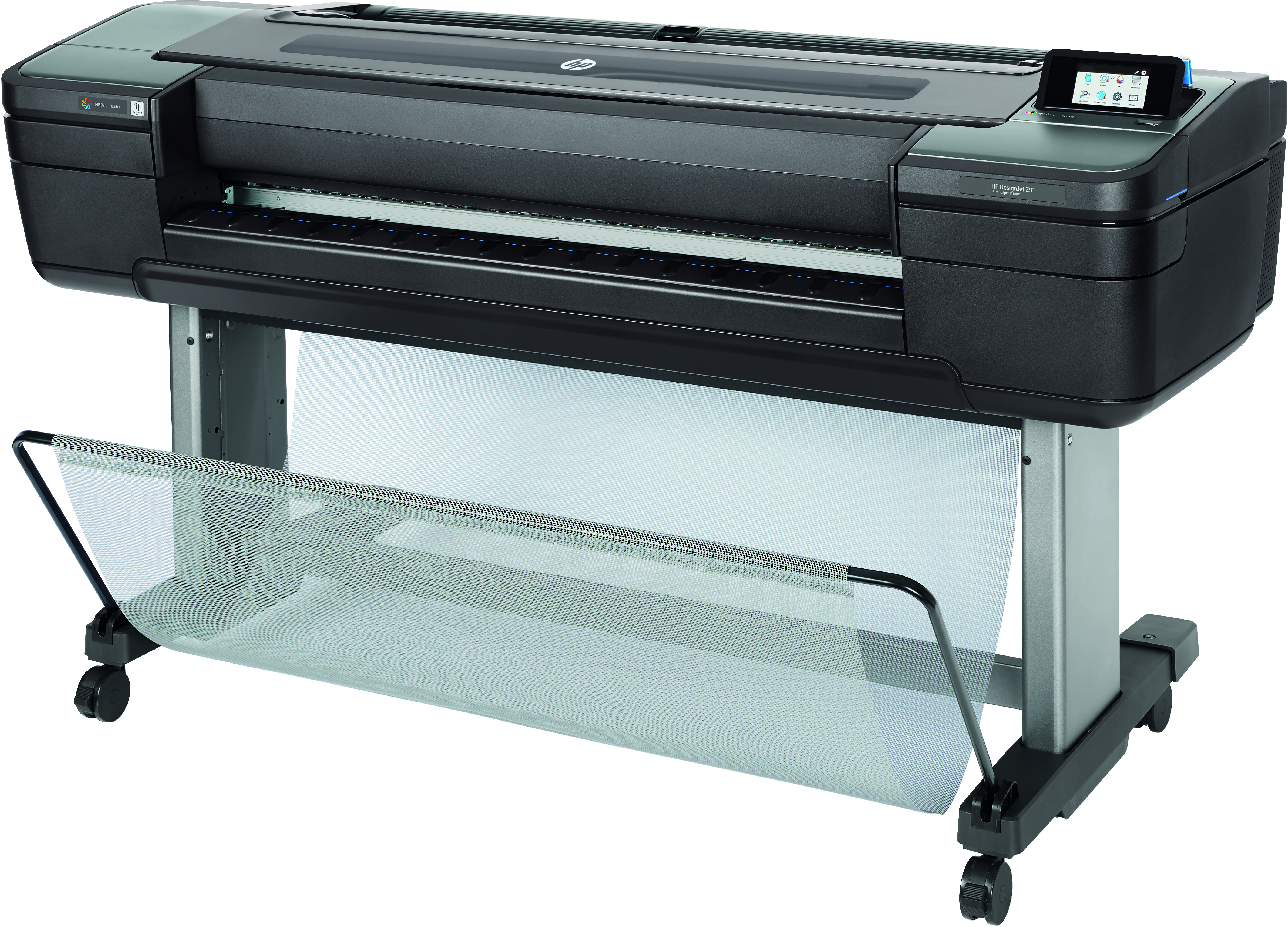 A large black and gray printer with a paper catcher. It has a touch screen and is on a wheeled stand.