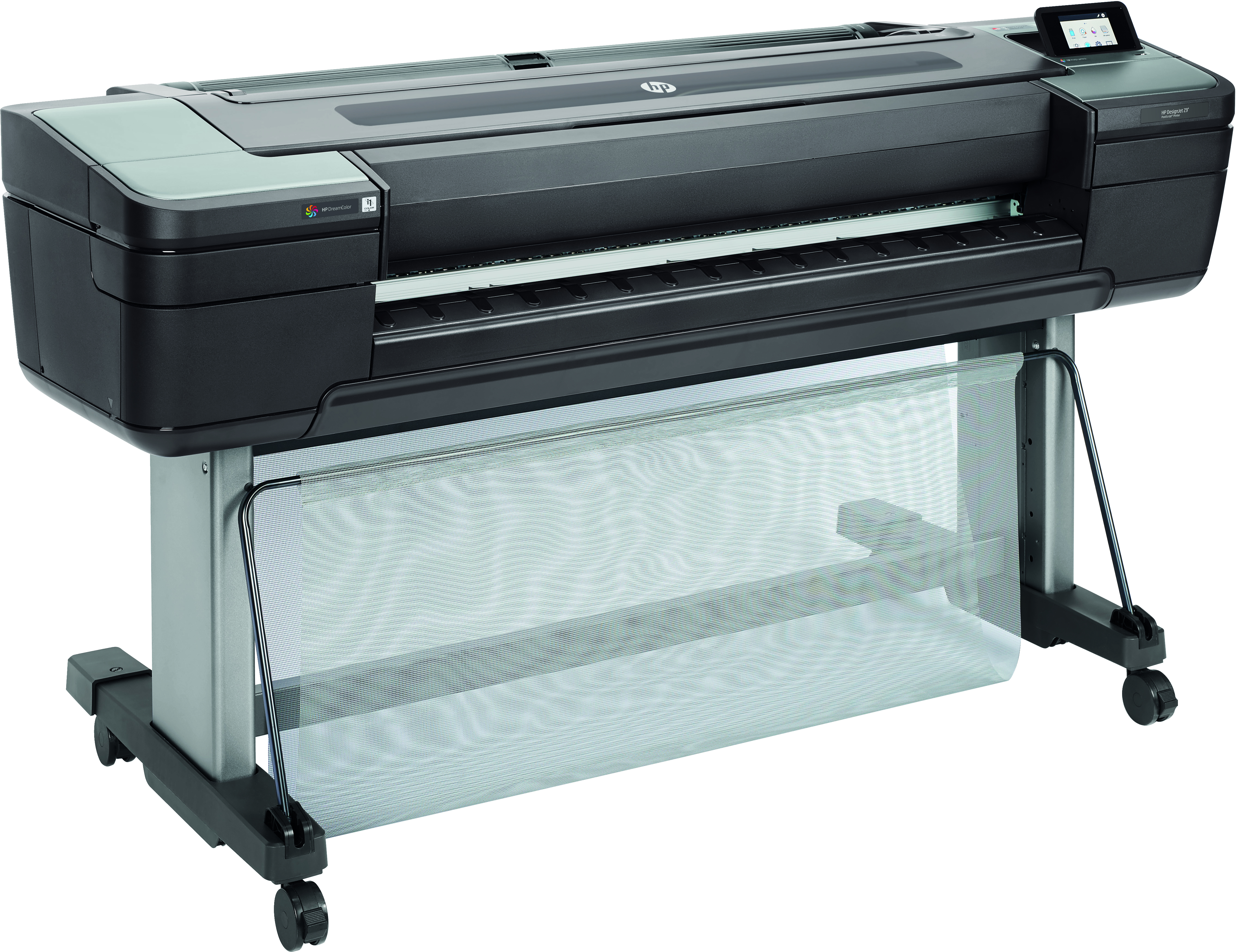 An HP DesignJet printer. It's black with a screen on the right side. It has a mesh paper catcher. It's on wheels.