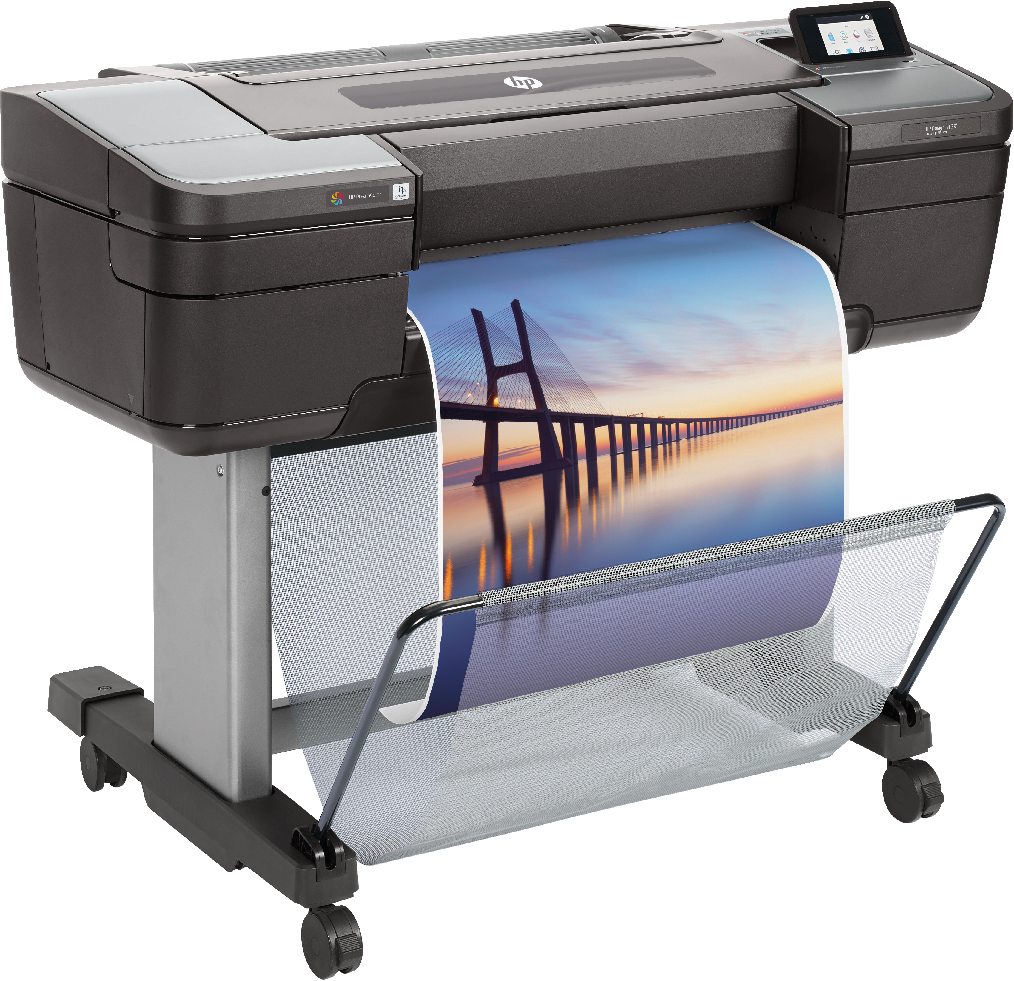 Large format printer with a printed image of a bridge over water. The printer is black and gray.