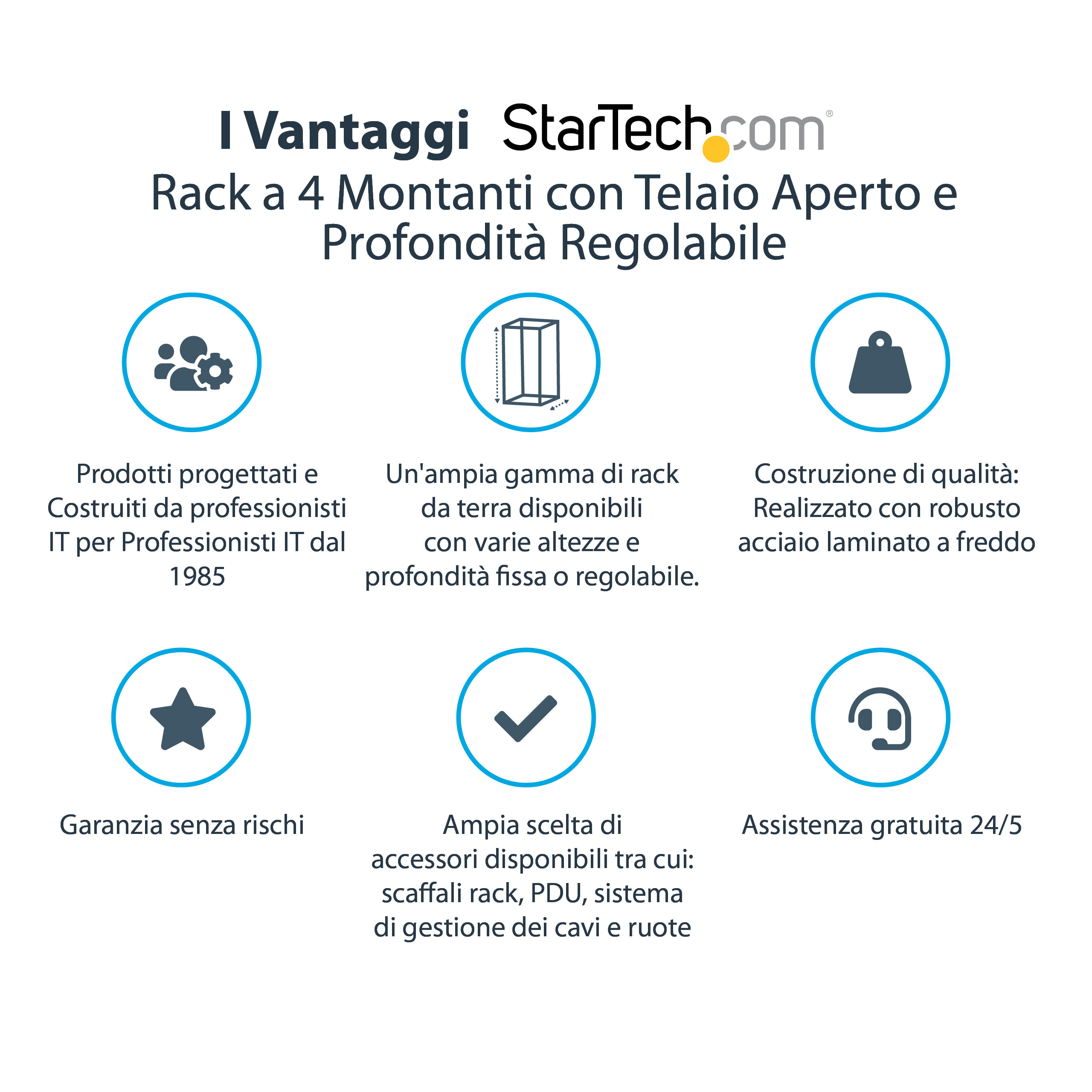 Imagen con texto sobre los beneficios del rack. Muestra iconos y texto en italiano, con el logotipo de StarTech.com.