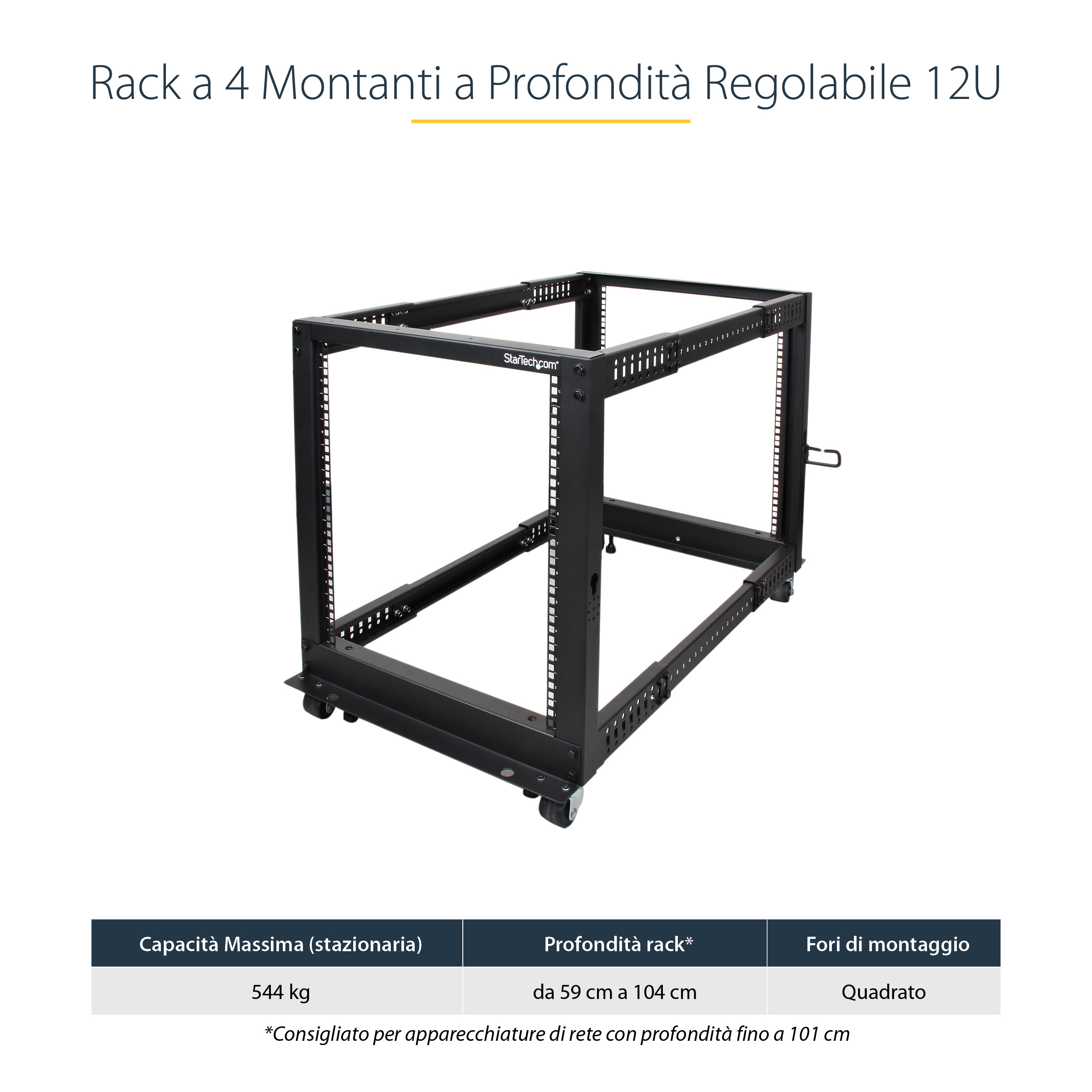 Un rack negro de 12U con 4 montantes. Tiene ruedas y el logotipo de StarTech.com. Una tabla muestra dimensiones.