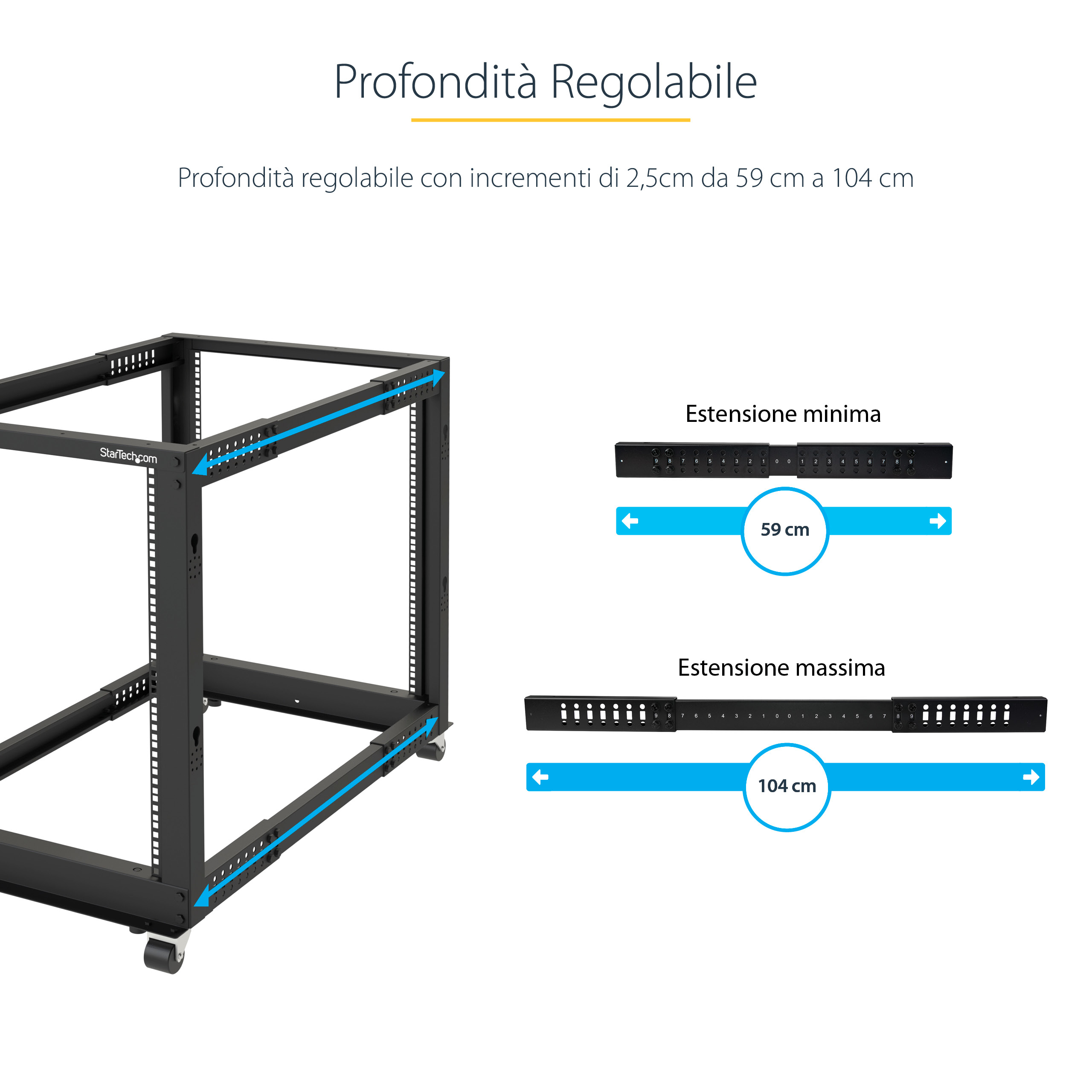 Rack de servidor negro con profundidad ajustable de 59 cm a 104 cm. Incluye diagramas de extensiones mínima y máxima.