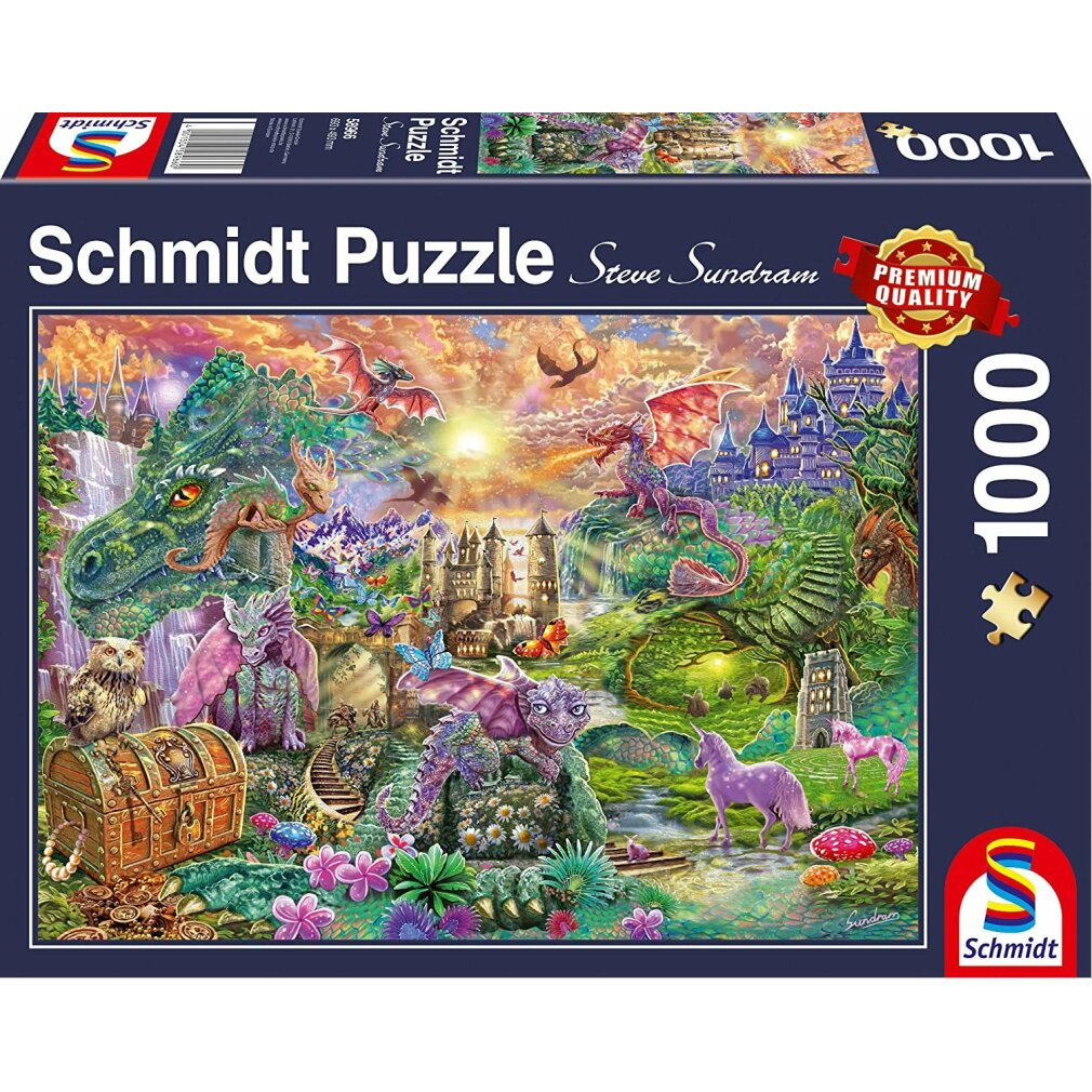 Puzzledose mit Fantasy-Kunst. Drachen, Burgen, Einhörner und andere Fabelwesen füllen die Szene. Das Puzzle besteht aus 1000 Teilen.