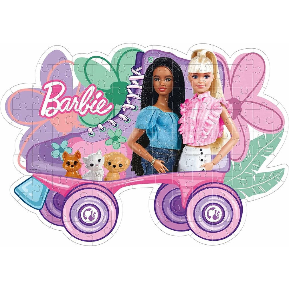 Puzzle di Barbie. Due bambole in piedi su un pattino rosa. Tre animali giocattolo sono di fronte. Fiori e la parola Barbie sono visibili.