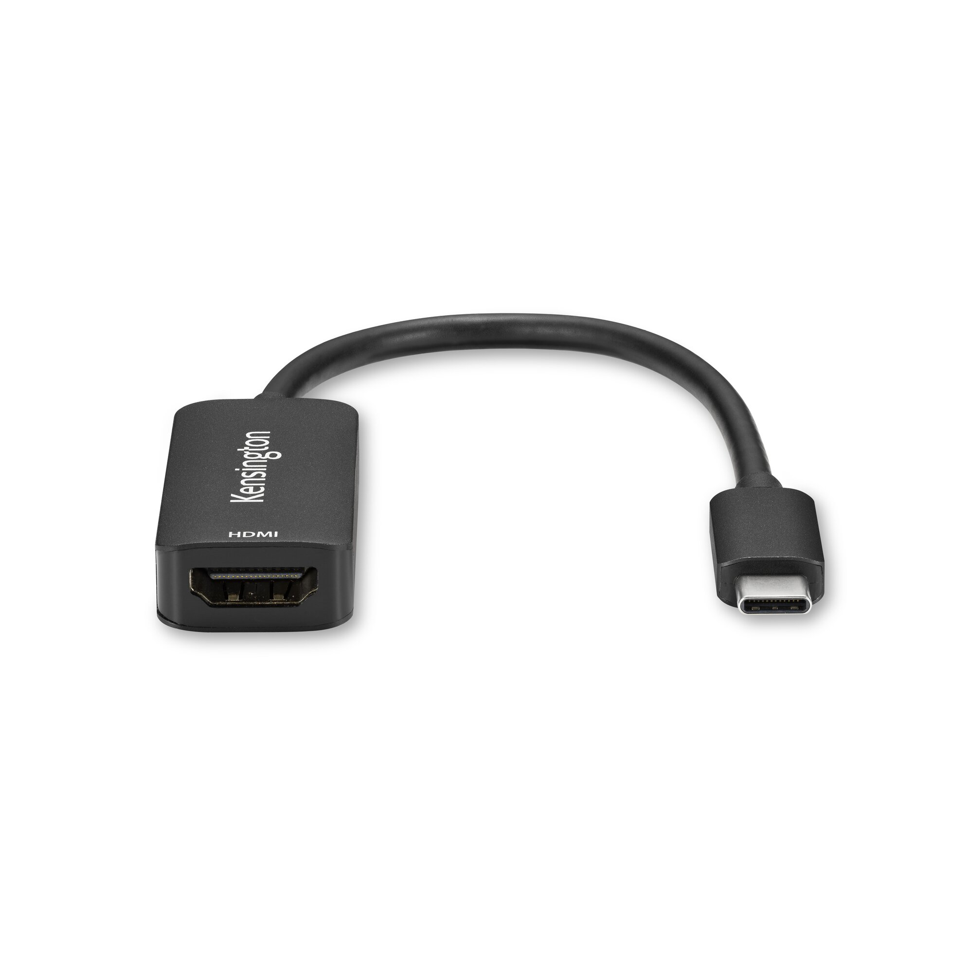 Un cable adaptador negro Kensington de HDMI a USB-C. Está sobre un fondo blanco.