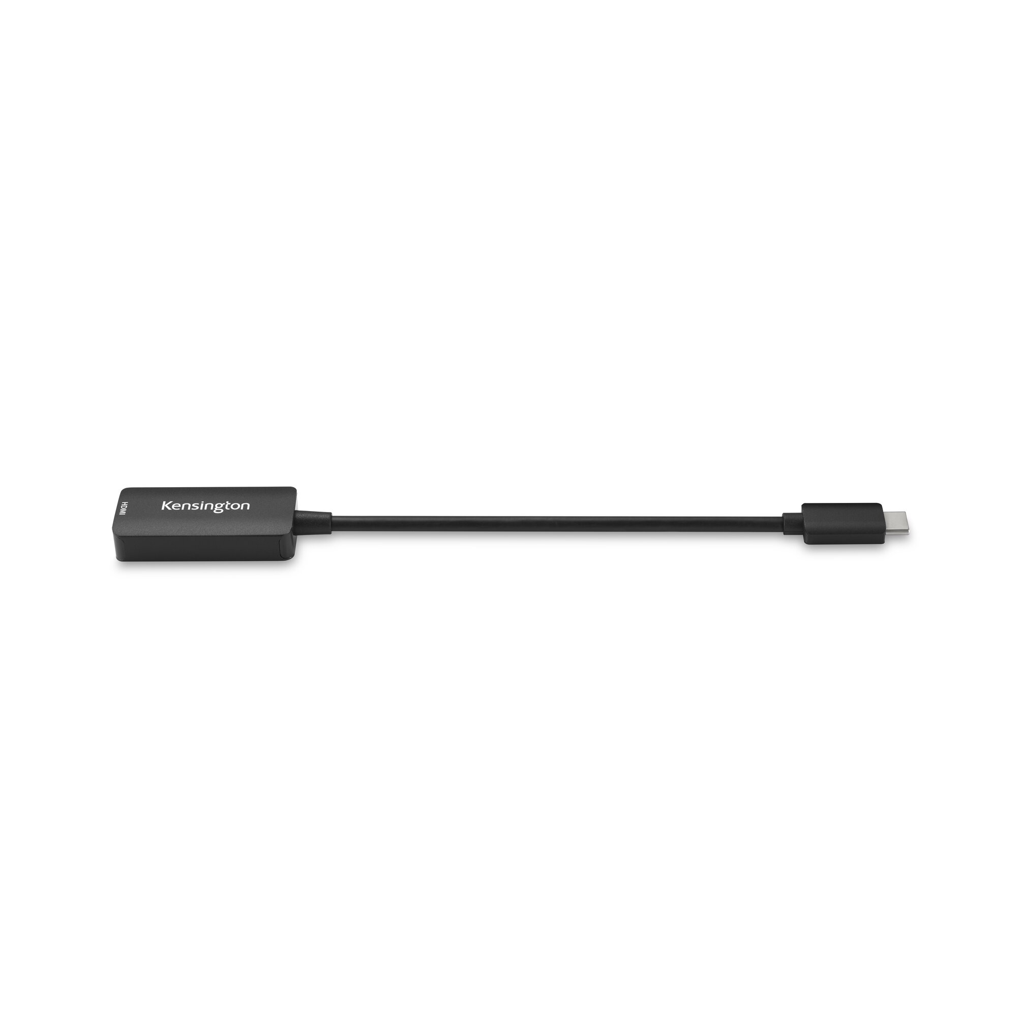 Un adaptador Kensington negro con cable negro, sobre fondo blanco.