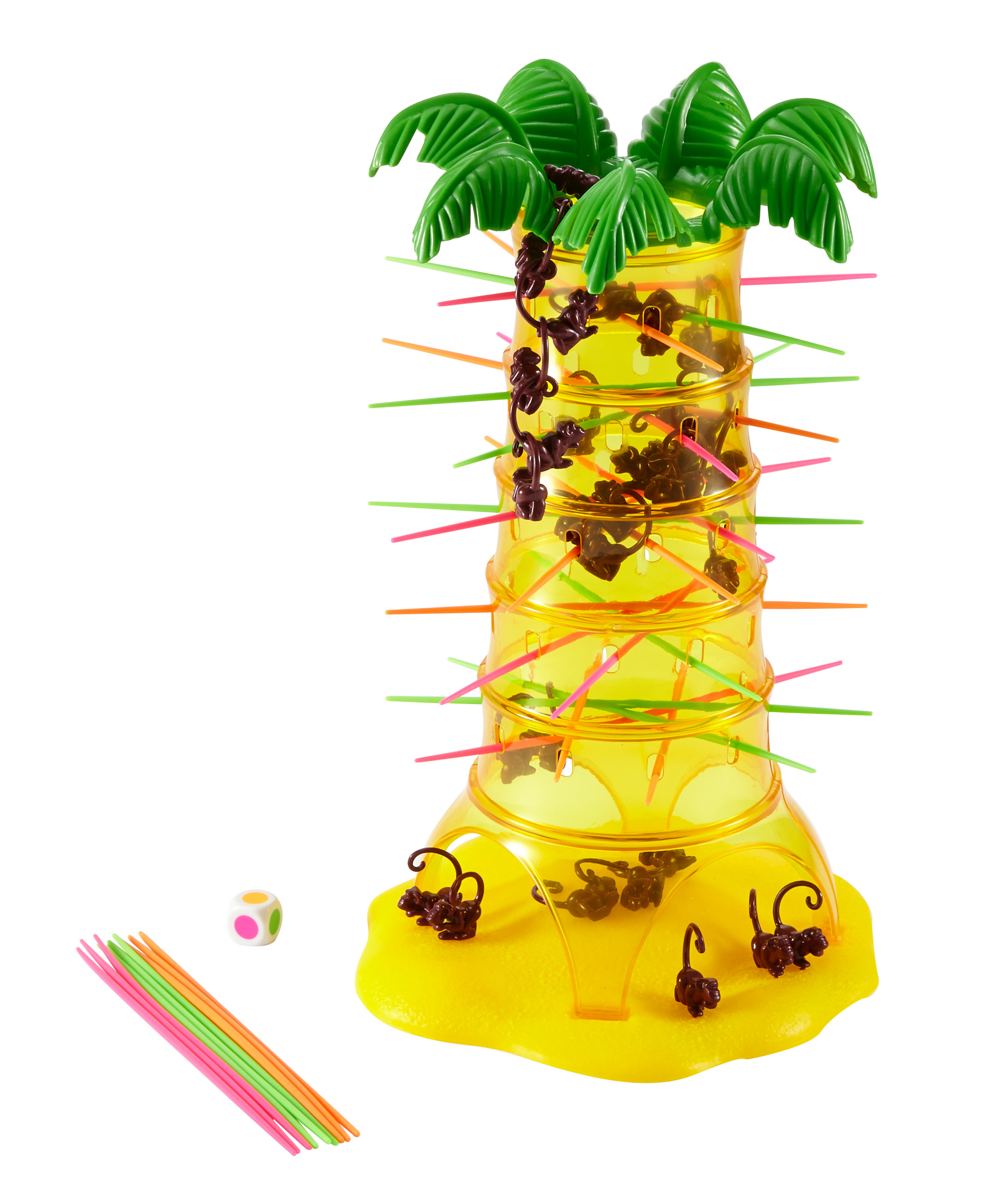 Żółta plastikowa gra z małpkami, patyczkami i kostką. Małpki wiszą na drzewie. Patyczki są pomarańczowe, zielone i różowe.