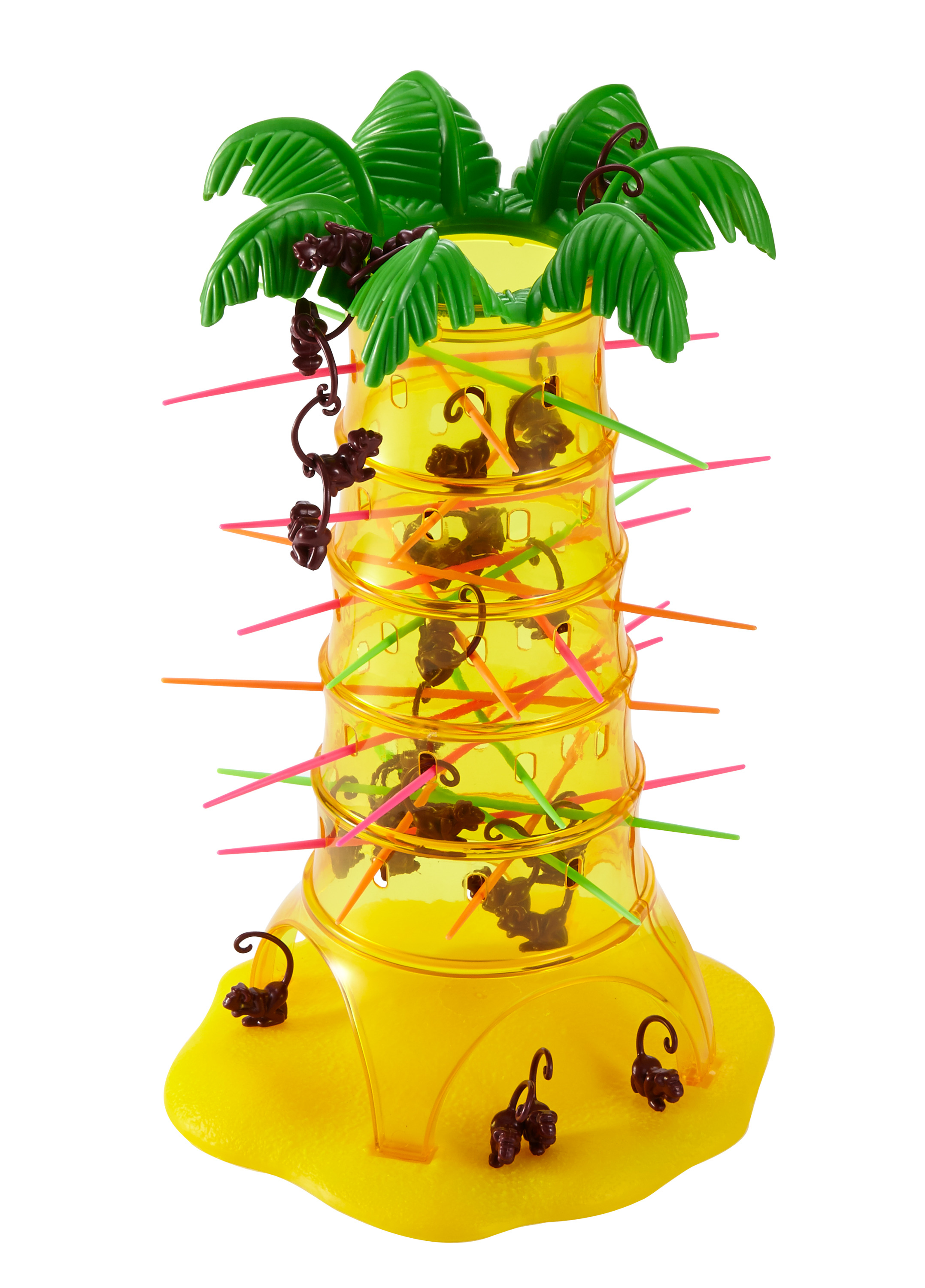 Żółta plastikowa zabawka w kształcie palmy. Małpy wiszą na konstrukcji. Kolorowe patyczki w środku.