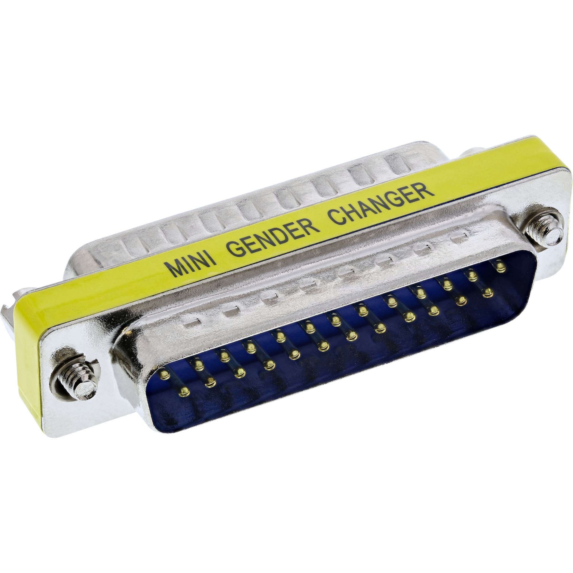 Ein Mini-Gender-Changer aus Metall mit gelbem Band und blauem Stecker vor weißem Hintergrund.