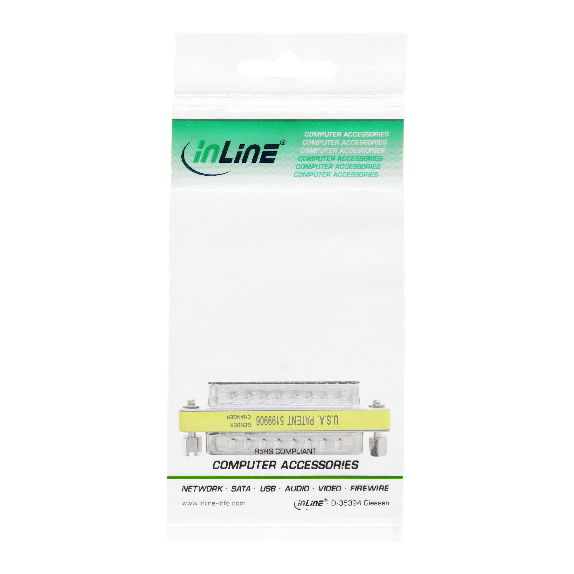Ein Computerzubehör, ein silberner und gelber Adapter in einer durchsichtigen Plastikverpackung, mit 'inLine' Logo und Produktinformationen.