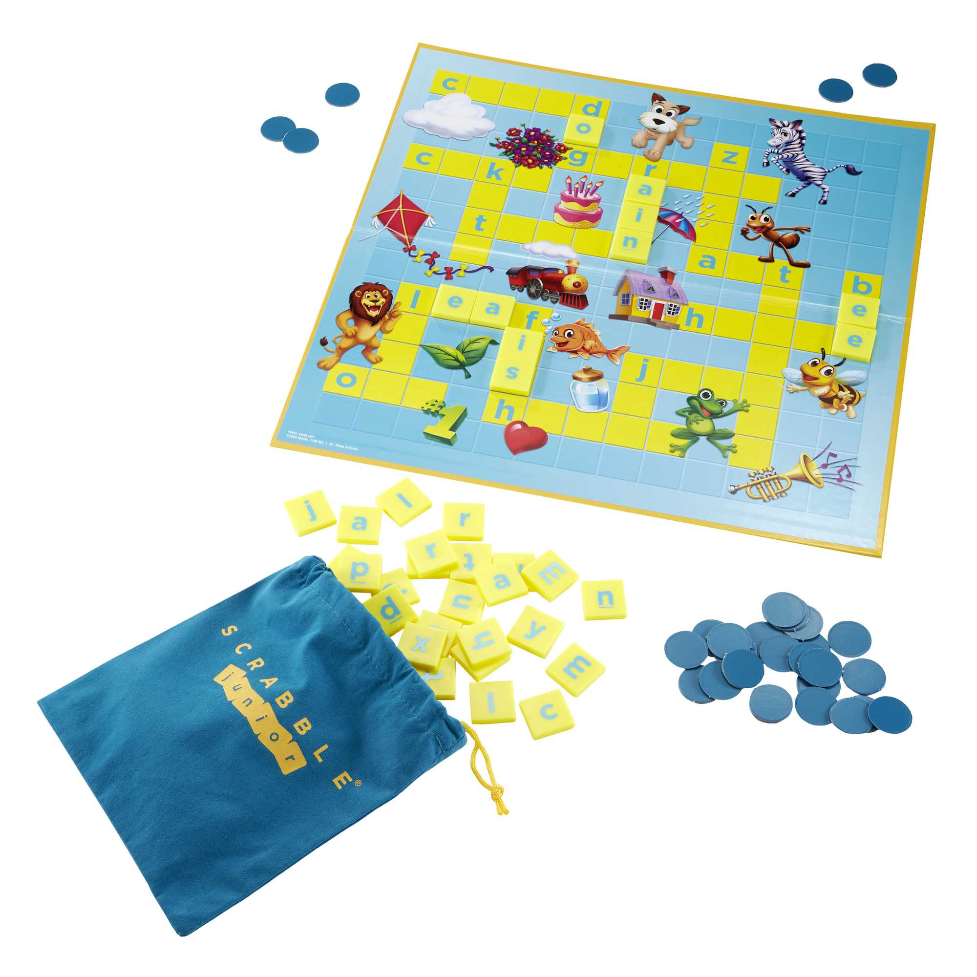 Gra planszowa Scrabble Junior z literami, woreczkiem i niebieskimi żetonami. Zawiera ilustracje zwierząt i słowa.