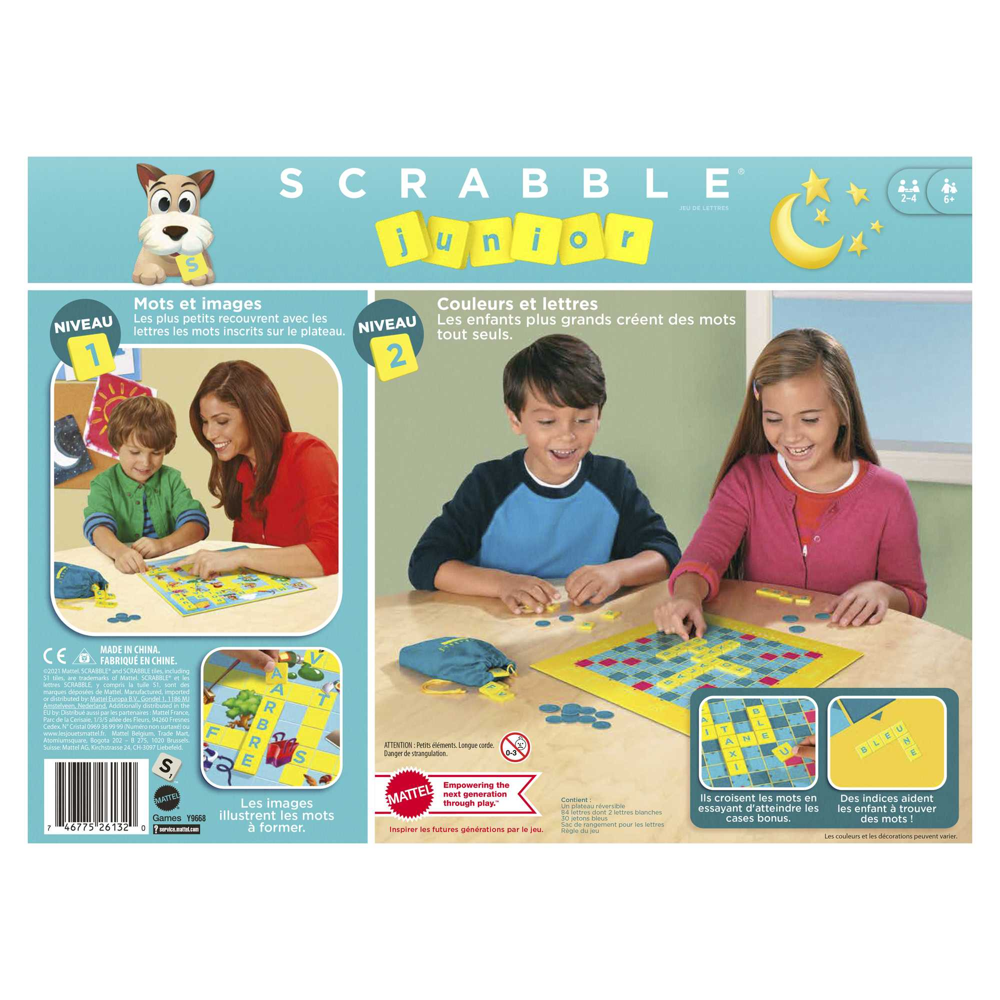 Pudełko Scrabble Junior. Dzieci bawią się kafelkami, umieszczając je na planszy. Pudełko pokazuje szczegóły.