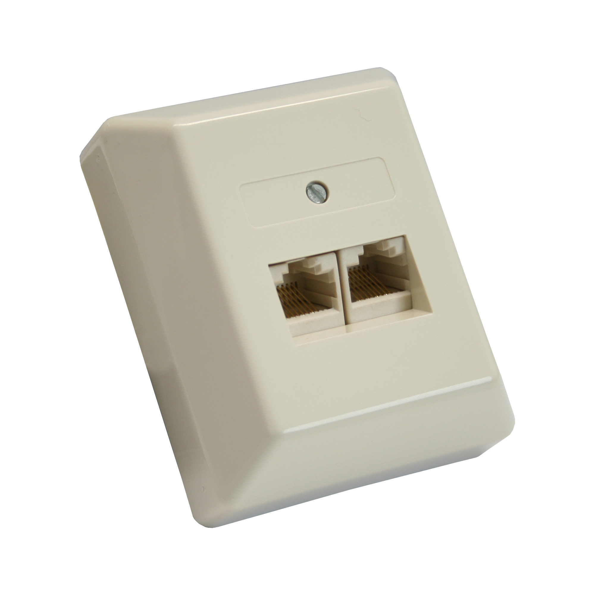 Eine beige Wandplatte mit zwei RJ45-Anschlüssen. Oben ist eine Schraube zu sehen. Der Hintergrund ist weiß.