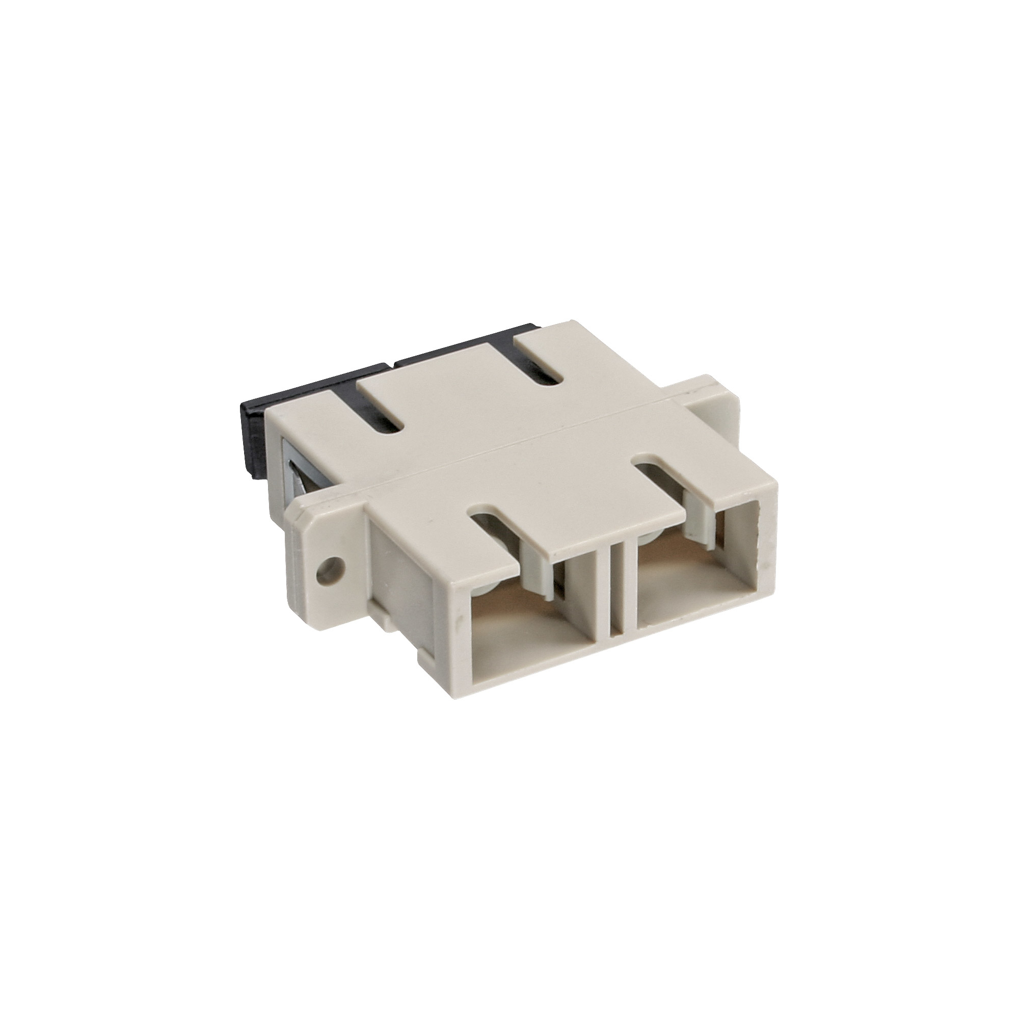 Ein beigefarbener Glasfaseradapter mit schwarzen Akzenten. Es hat mehrere Schlitze und eine rechteckige Form.