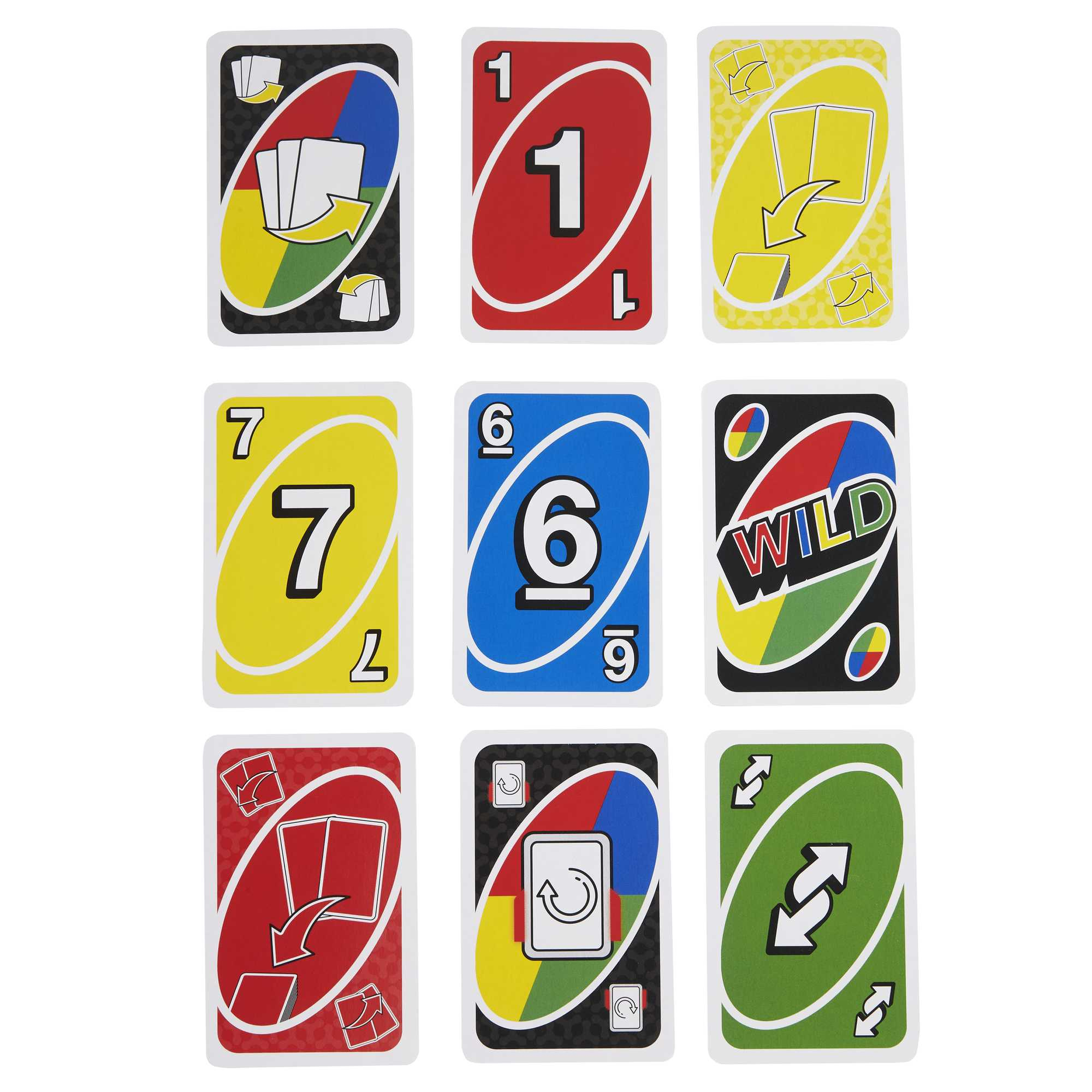 Neun Uno-Karten werden angezeigt, jede mit verschiedenen Farben und Zahlen. Karten enthalten die Zahlen 1, 6, 7 und eine Wildcard.