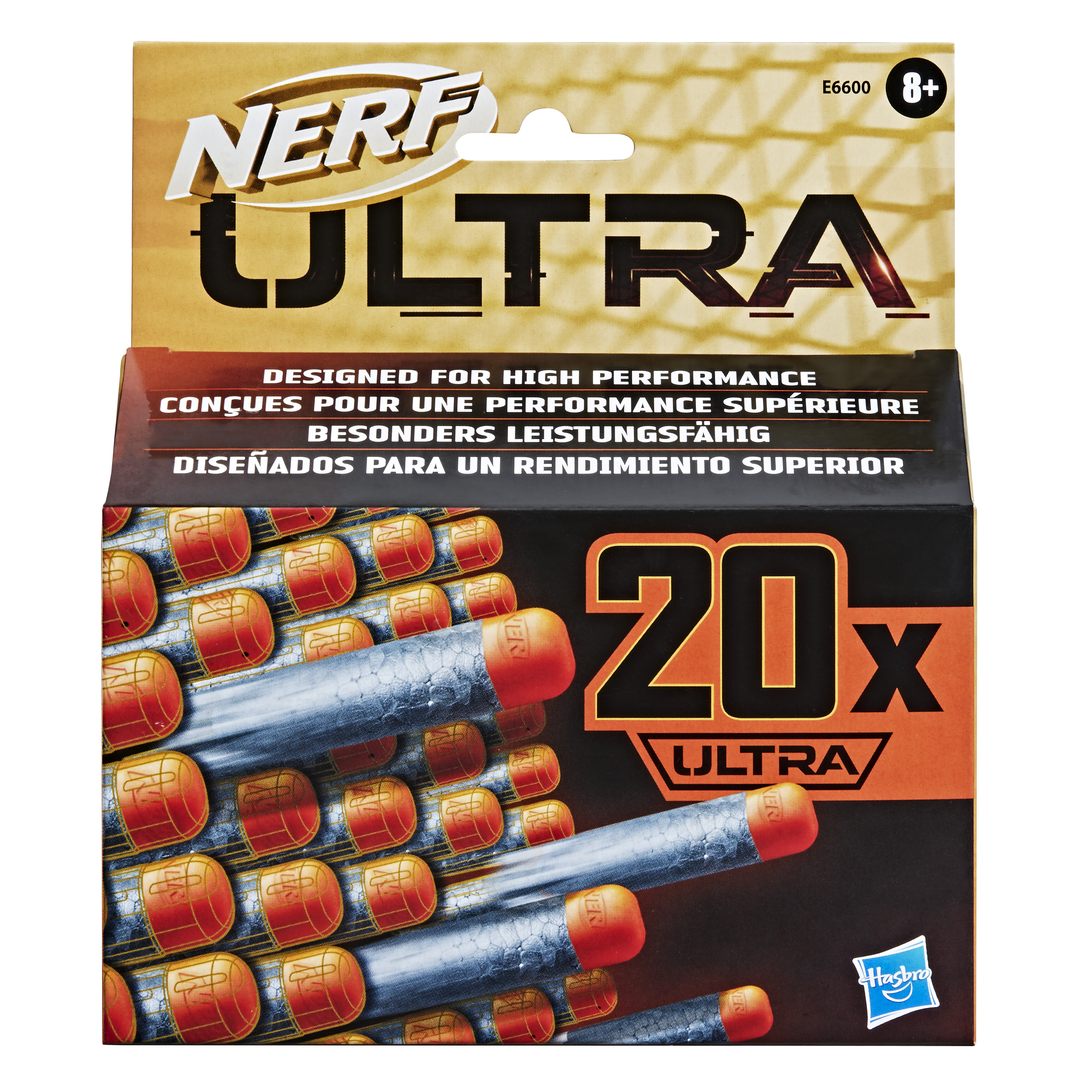 Caja de dardos Nerf Ultra. La caja es naranja, negra y dorada. Los dardos son plateados con puntas naranjas.