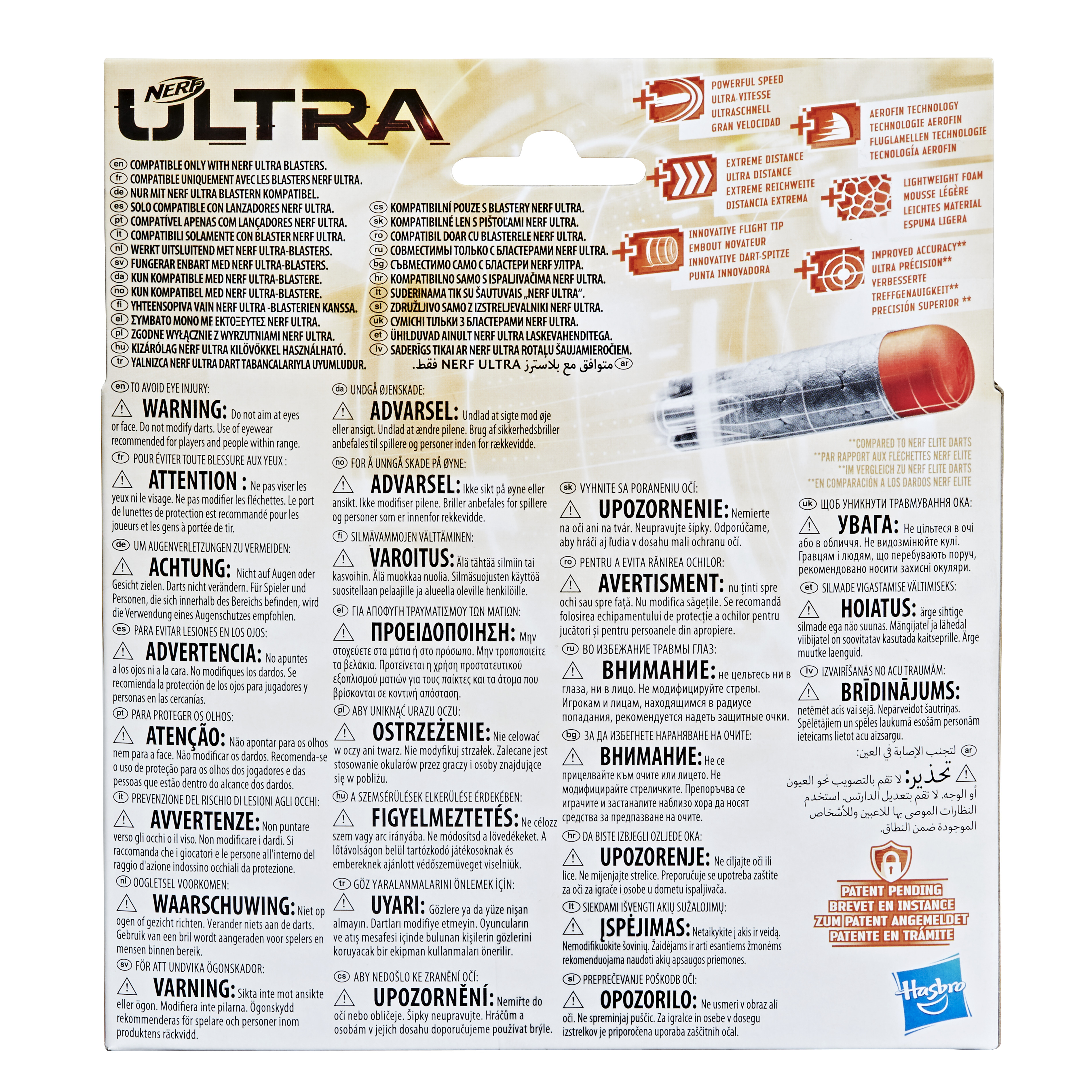 Caja del lanzador Nerf Ultra. Texto: advertencia, lesión ocular. Logotipo de Hasbro, patente.