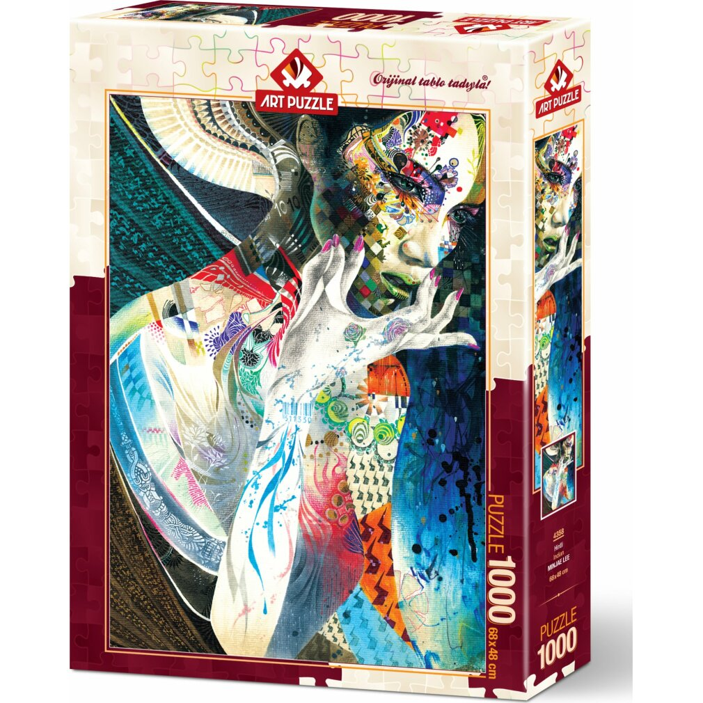 Yapboz kutusu, bir kadının yüzünün ve elinin renkli bir sanat eserini gösteriyor. Kutunun üzerinde 'ART PUZZLE' ve '1000' yazıyor.