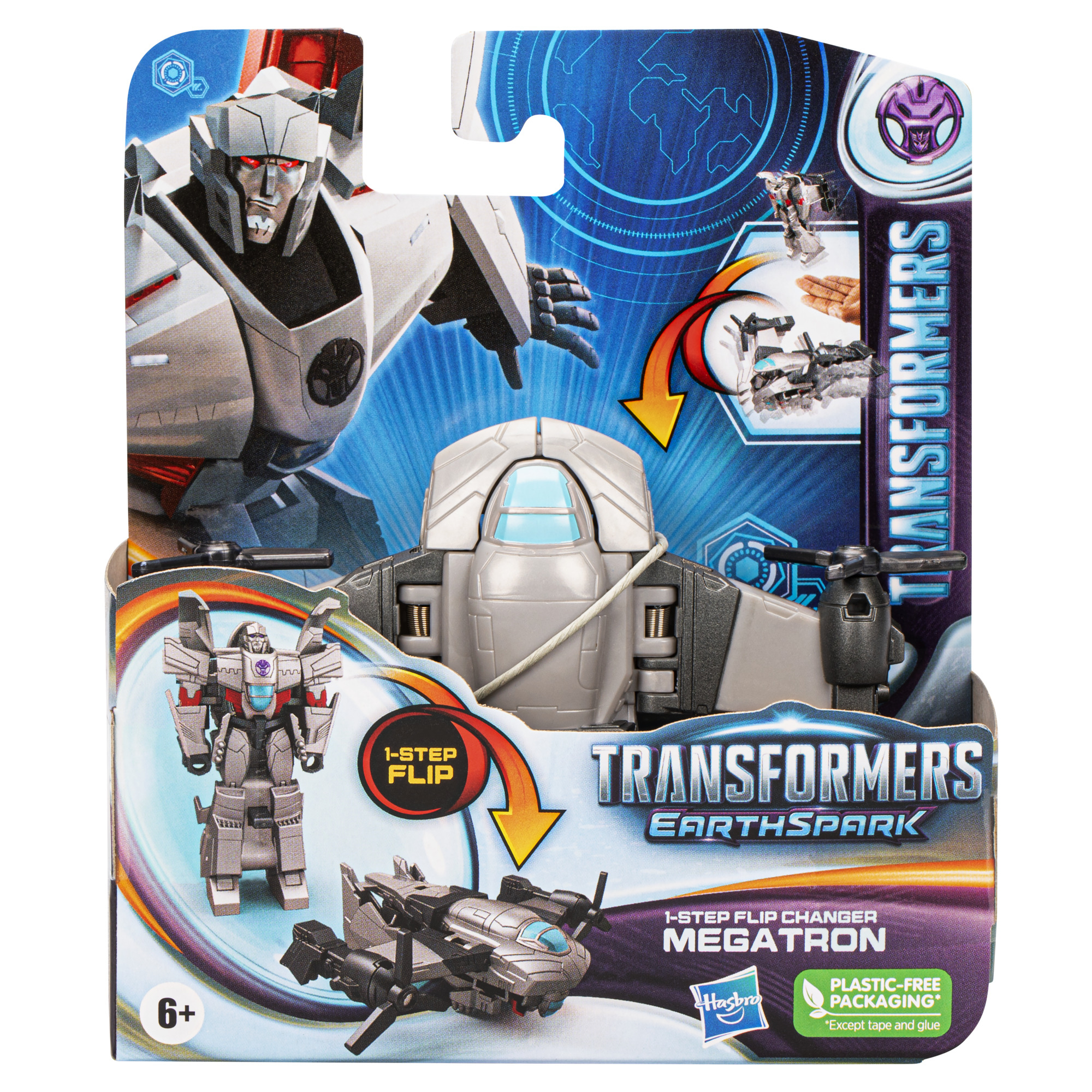 Opakowanie zabawki Transformers Earthspark Megatron. Zawiera tryby robota i odrzutowca, z 1-Step Flip Changer. Szare i fioletowe kolory.
