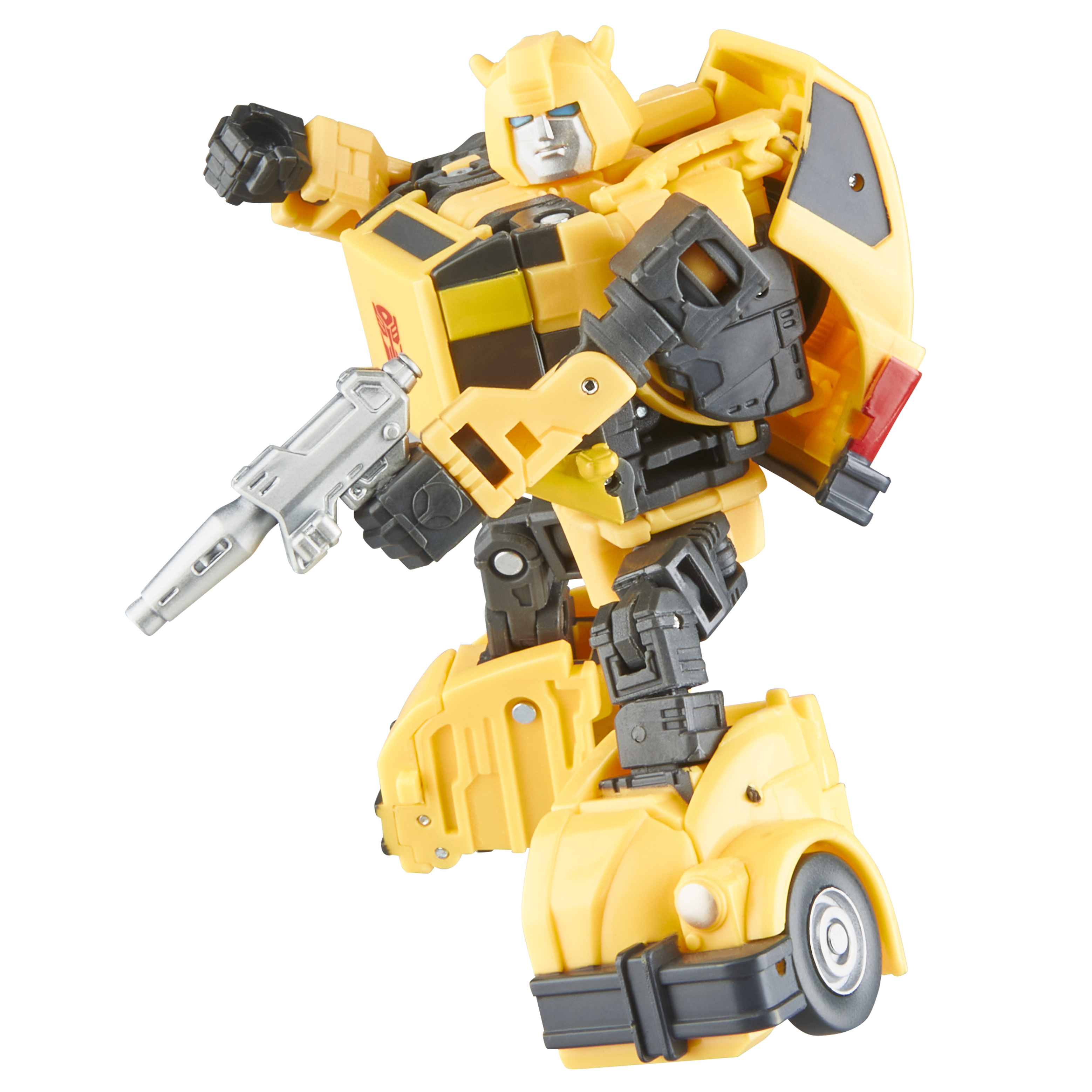 Żółta figurka Bumblebee Transformer w dynamicznej pozie, trzymająca srebrną broń. Tło jest białe.