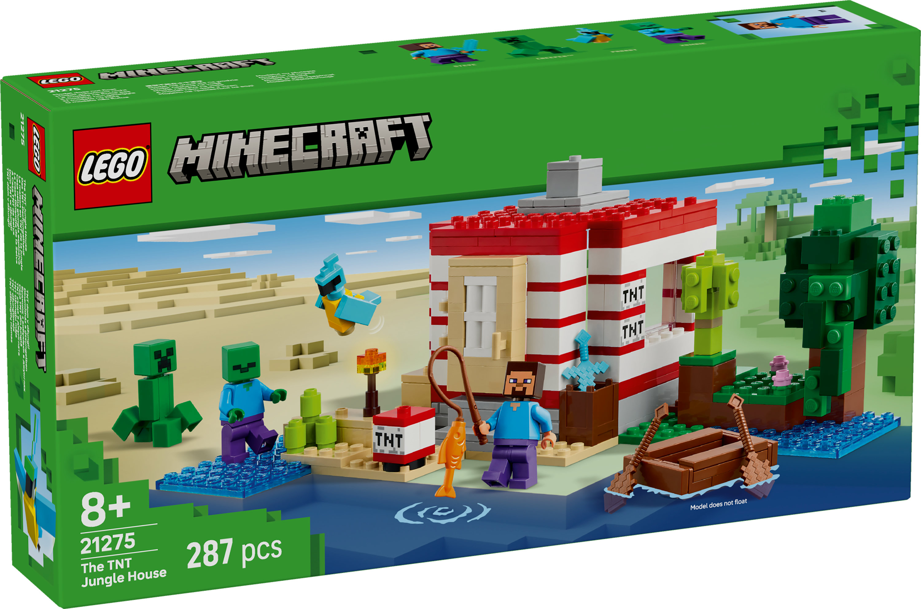 Zestaw Lego Minecraft. Zawiera dom w dżungli TNT, figurki, wodę i krajobraz z drzewami. Kolory czerwony, biały, zielony i niebieski.