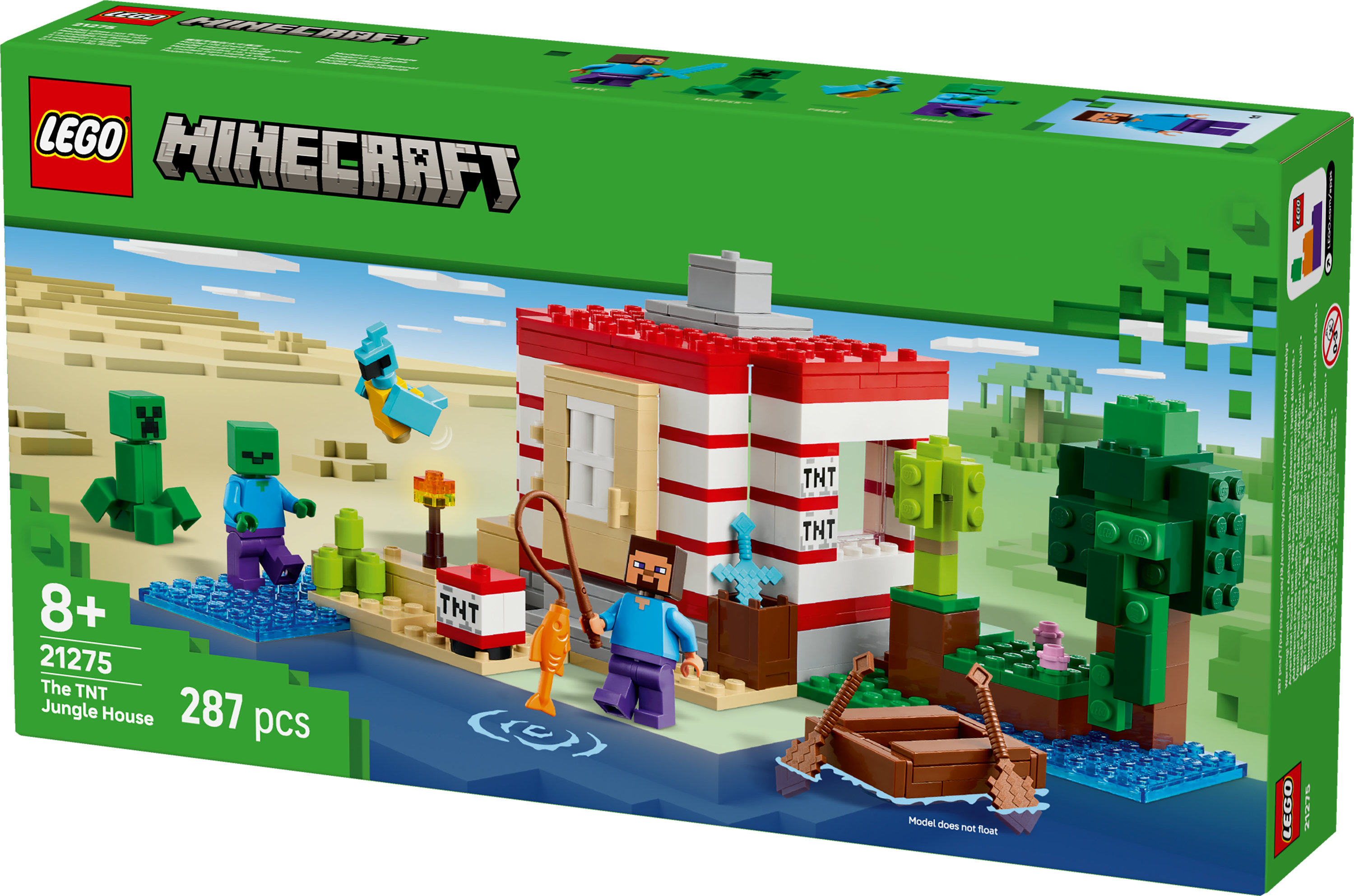 Zestaw Lego Minecraft z figurkami, domem, wodą i skrzyniami TNT. Mężczyzna łowi ryby.