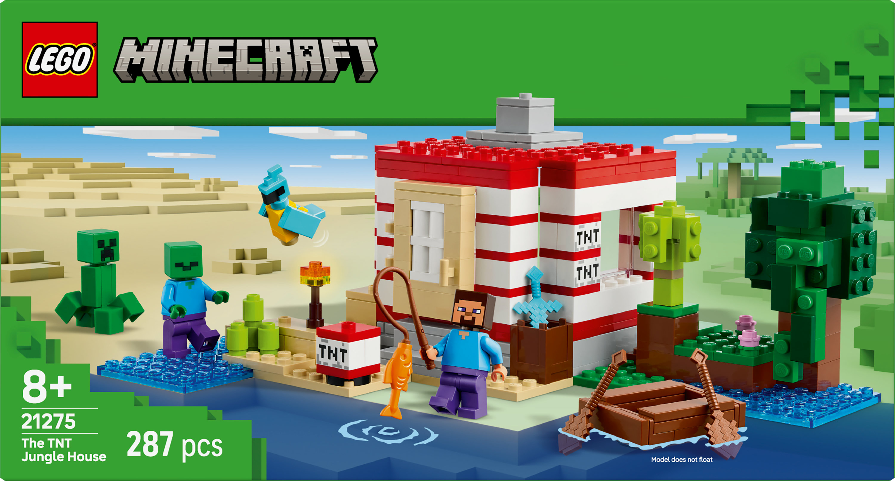 Zestaw LEGO Minecraft z domem w dżungli TNT, figurkami, łodzią i postaciami z Minecrafta, w zielono-niebieskiej kolorystyce.
