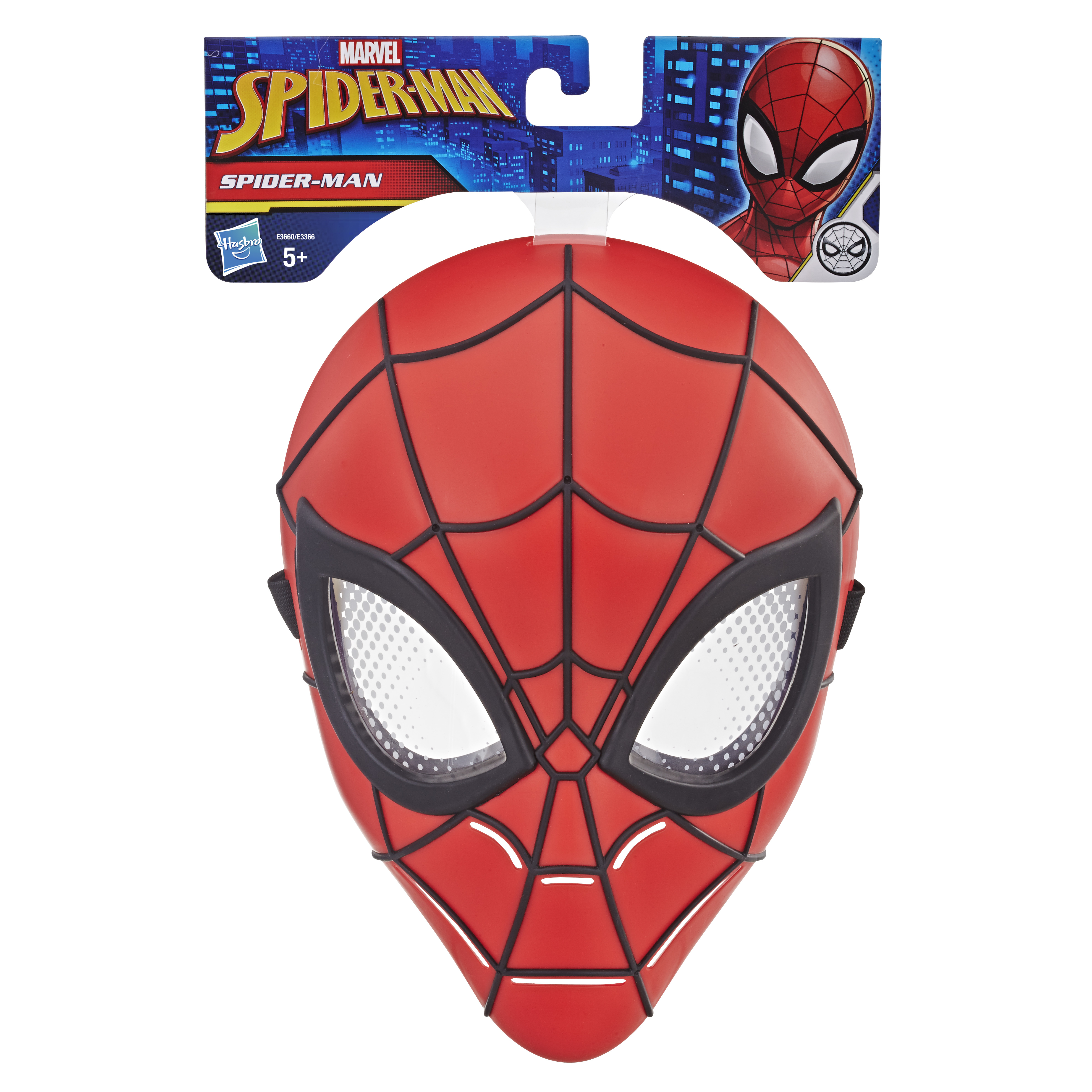 Eine Spider-Man-Maske ist rot mit schwarzem Netz. Die Augenöffnungen sind weiß, und die Verpackung ist sichtbar.