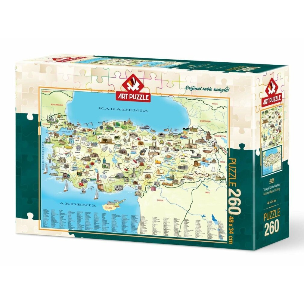 Yapboz kutusu Türkiye haritasını gösteriyor. Kutu beyaz ve yeşil, üzerinde "Art Puzzle" logosu var.