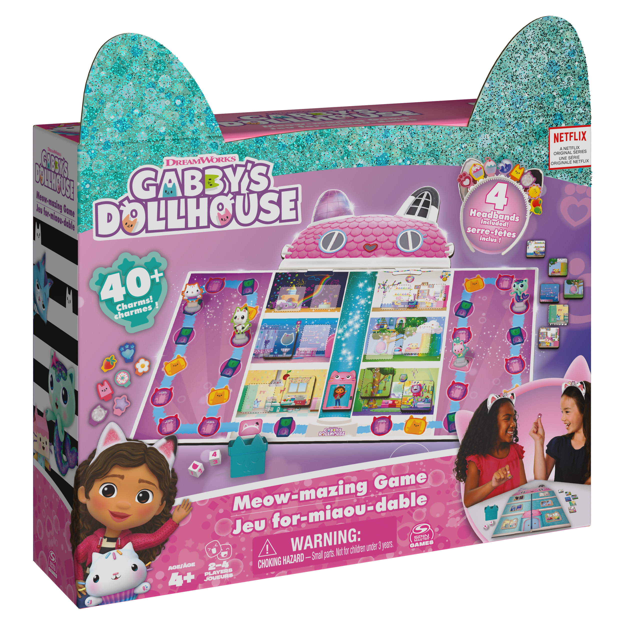 Pudełko z grą Gabby's Dollhouse. Zawiera planszę, karty, pionki i opaski na głowę dla graczy.