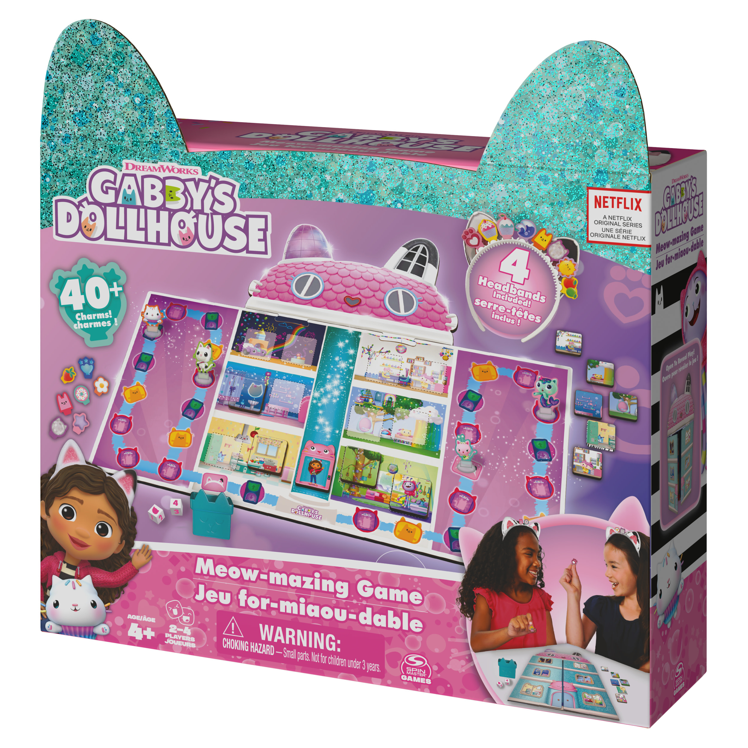Pudełko gry Gabby's Dollhouse. Pokazuje planszę i postacie. Na górze znajdują się kocie uszy.