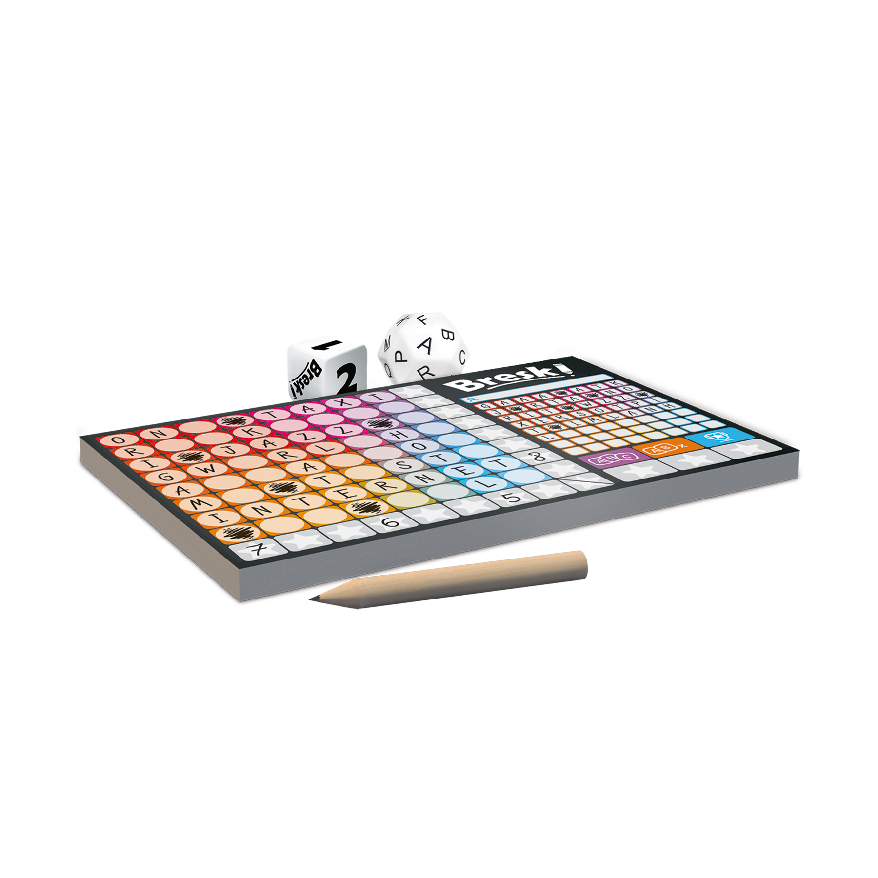 Ein Brettspiel mit Würfeln, einem Bleistift und einem Spielbrett mit Buchstaben und Zahlen. Das Spiel heißt Breski.
