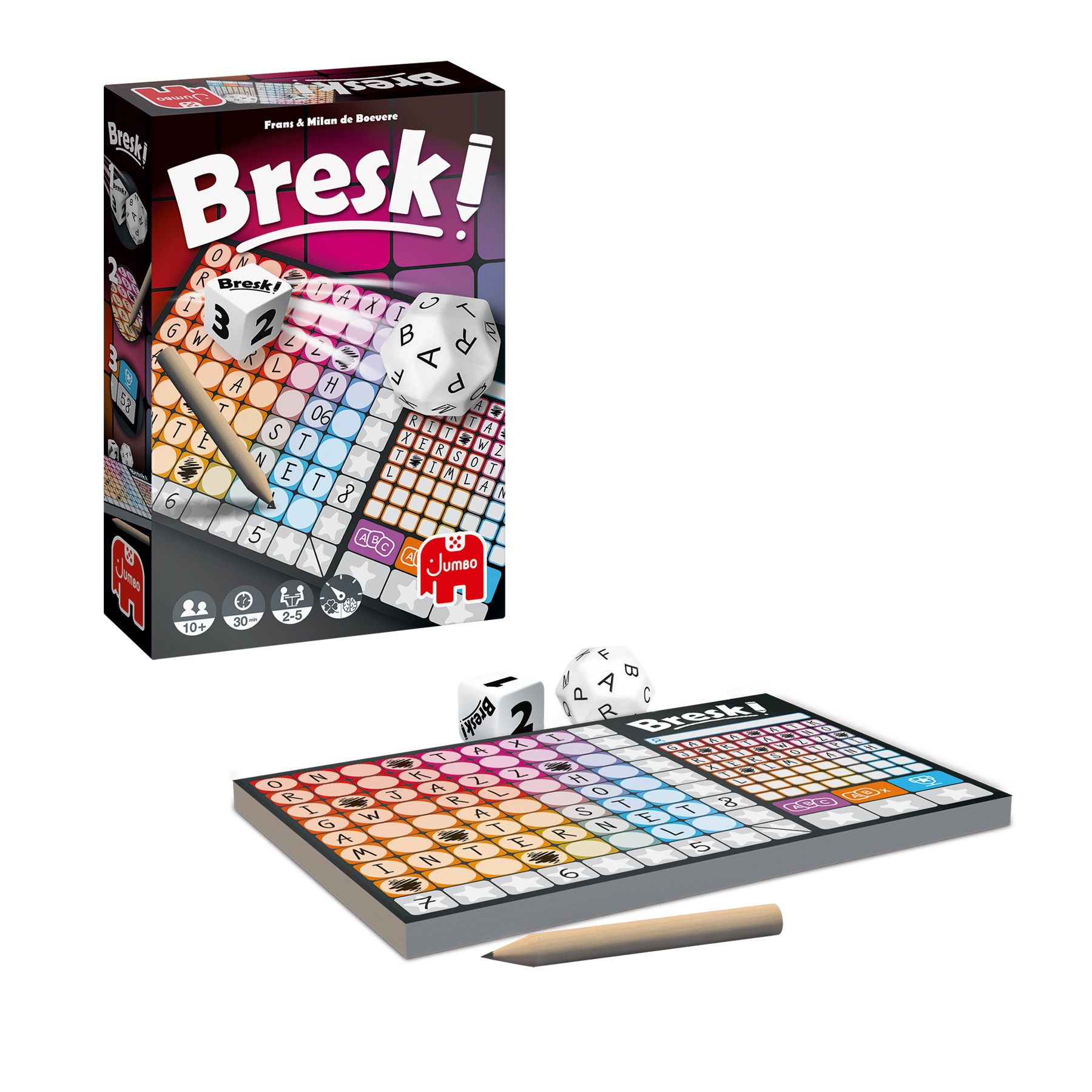 Auf dem Tisch liegen ein Brettspiel, Würfel und ein Bleistift. Auf der Verpackung steht „Bresk!“. 