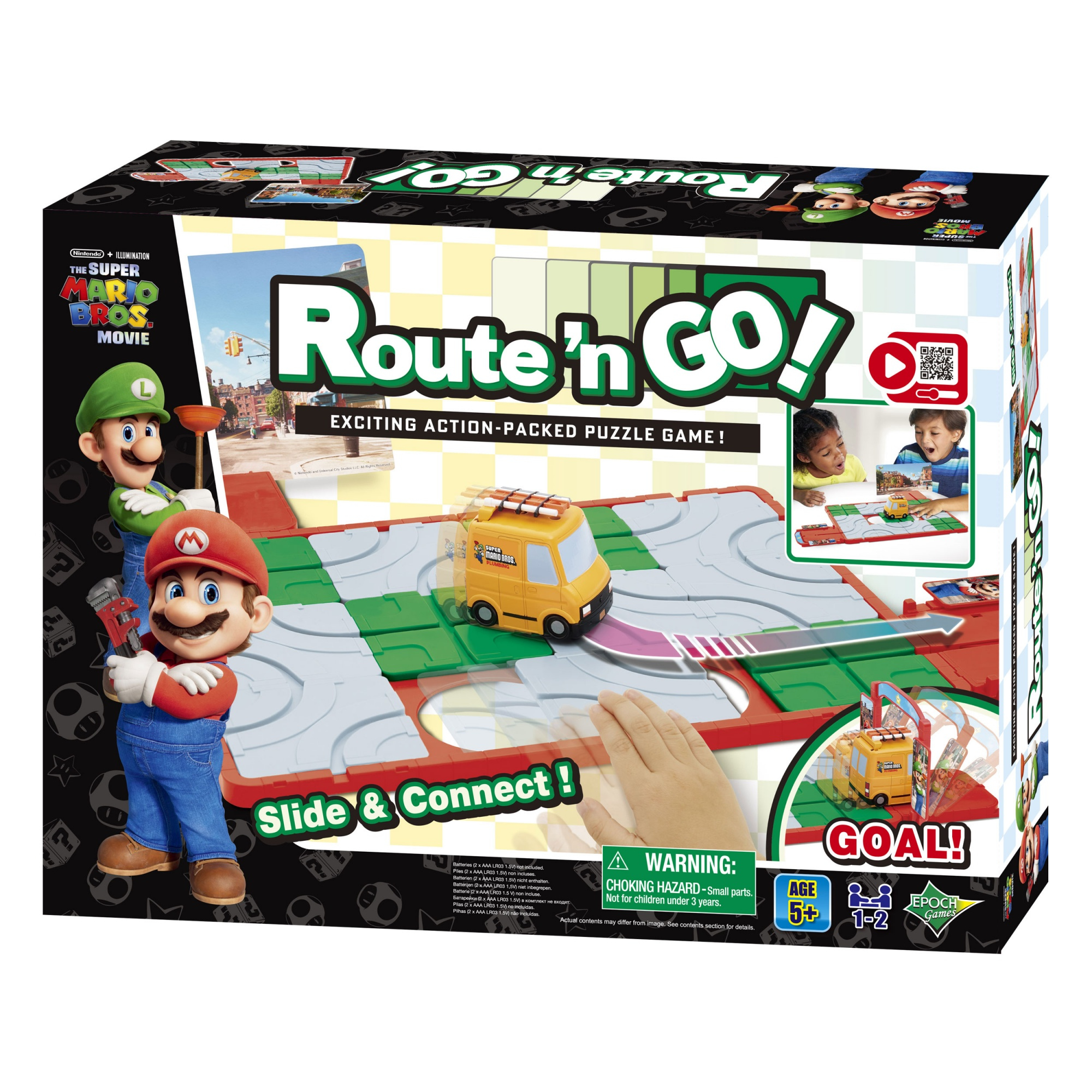 Pudełko gry planszowej Super Mario Bros. Route 'n Go! Mario i Luigi są z boku. Plansza do gry jest pokazana.