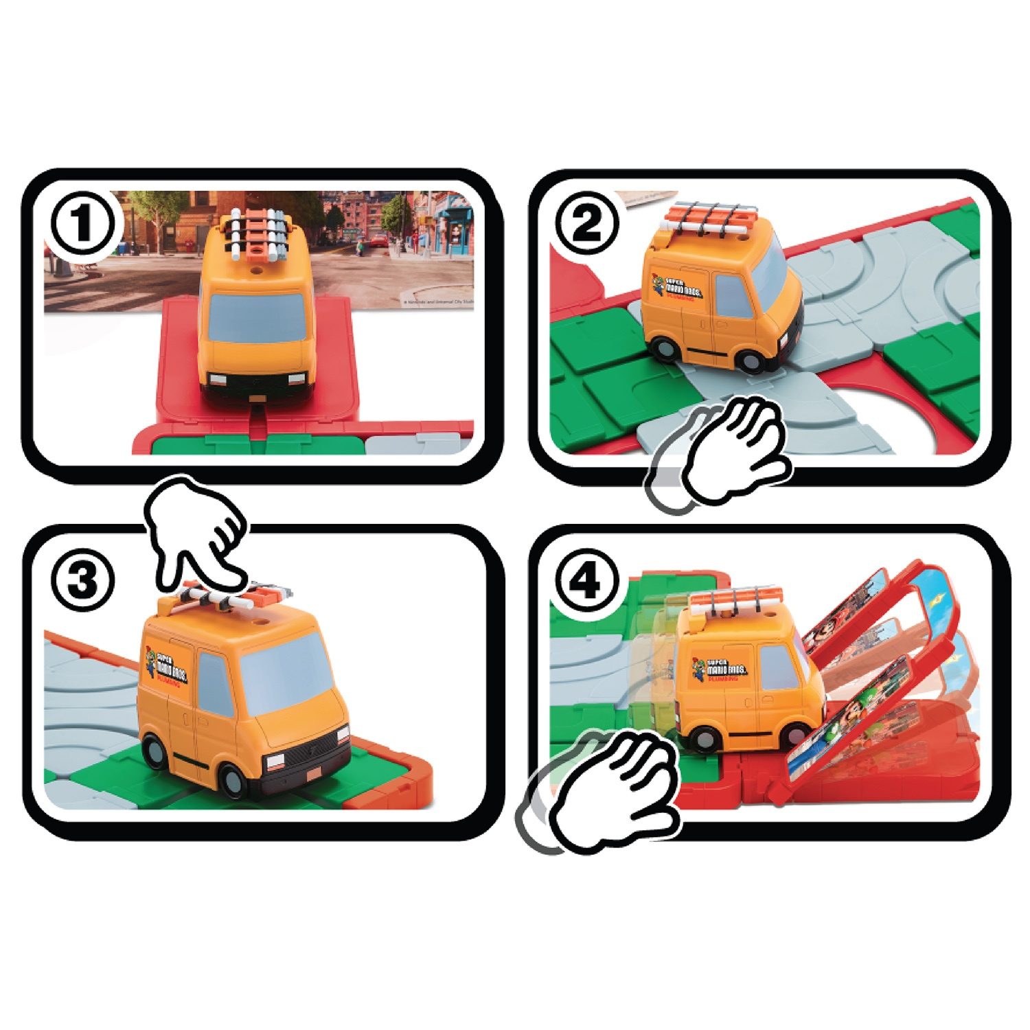 Cztery obrazy przedstawiają zabawkę ciężarówki na torze z interakcją dłoni. Ciężarówka jest pomarańczowa i ma logo. Tor jest czerwony, zielony i szary.