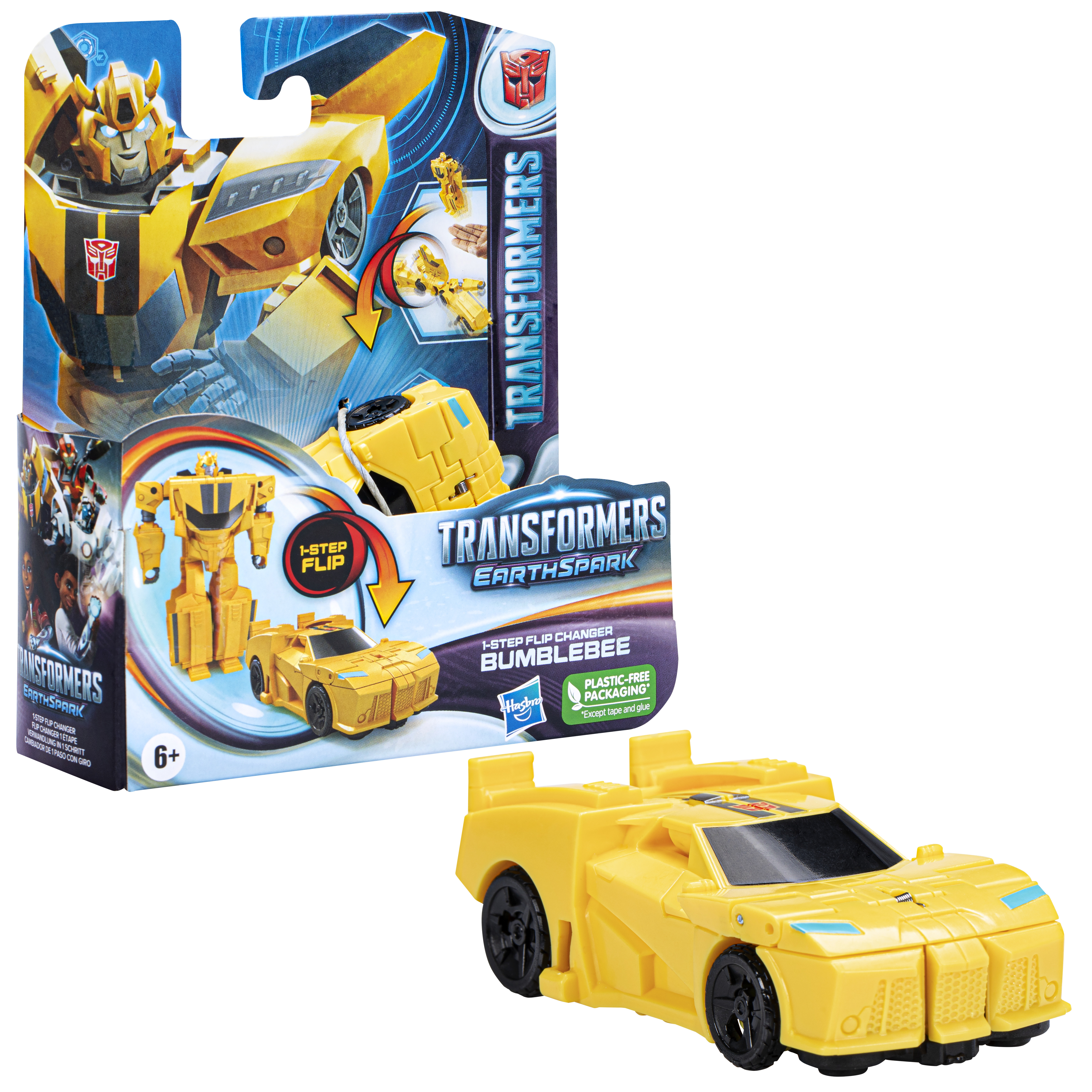 Żółta zabawka transformera Bumblebee w trybie samochodu stoi obok pudełka. Pudełko pokazuje robota i samochód.
