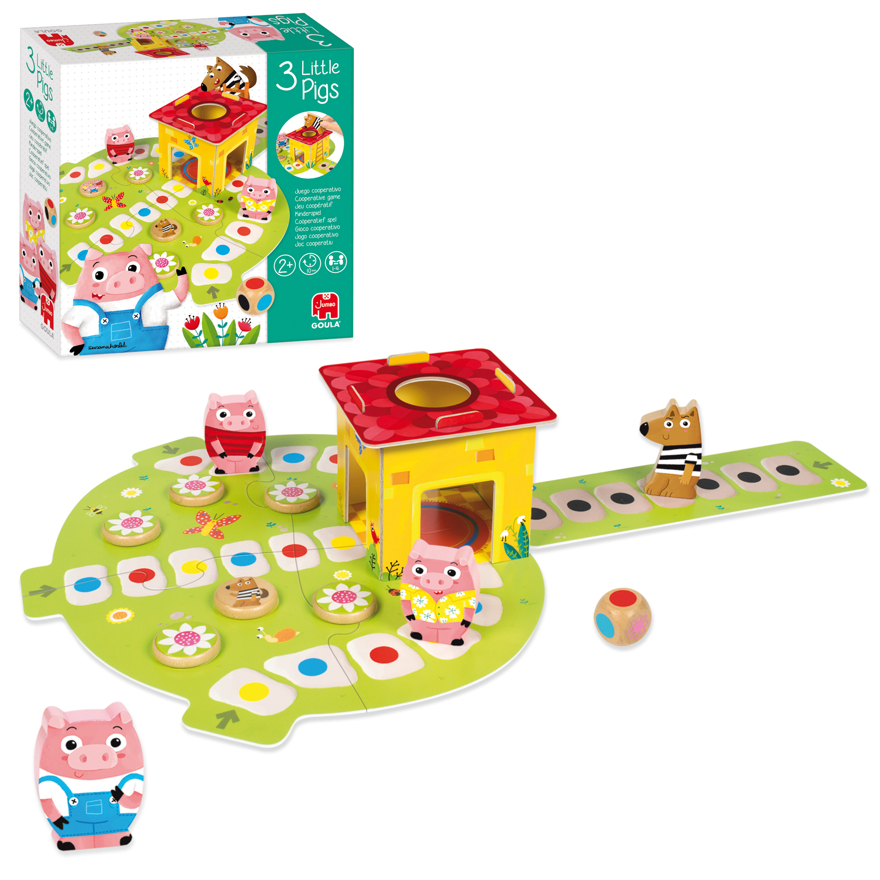 Gra planszowa z figurkami świń, domem, wilkiem i kostką. Na pudełku nazwa gry: '3 Little Pigs'.