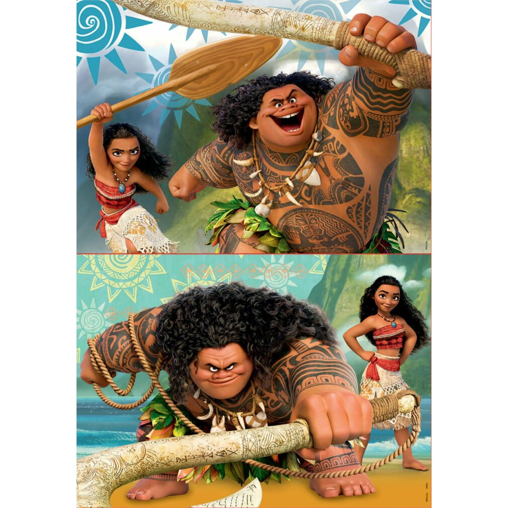 Postacie Moany i Mauiego z filmu. Maui ma tatuaże i trzyma broń. Moana ma na sobie czerwoną górę i białą spódnicę.