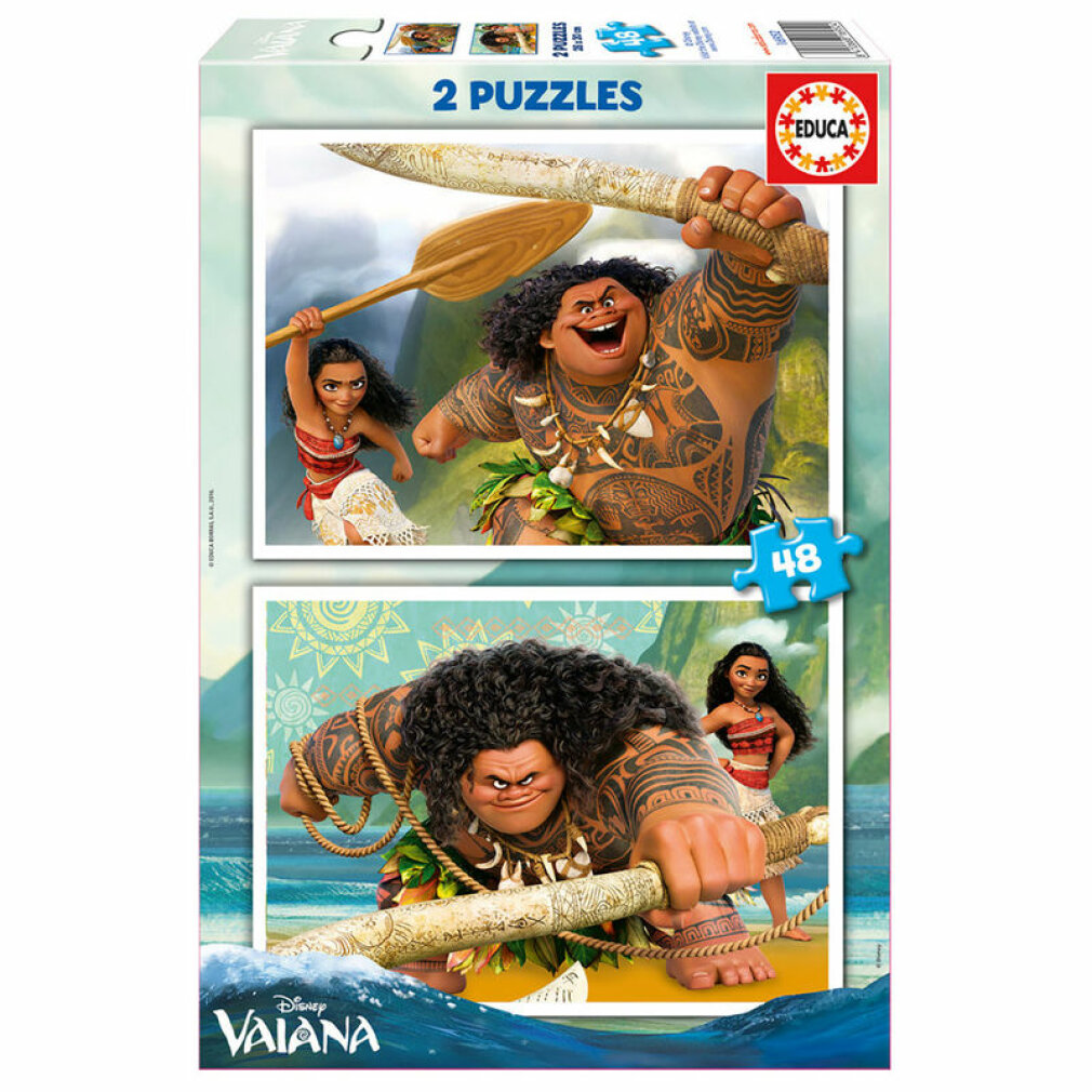 Pudełko z puzzlami z dwoma obrazami Moany. Maui trzyma broń. Moana jest na obu obrazach. Na pudełku napis '2 Puzzles' i 'Disney Vaiana'.
