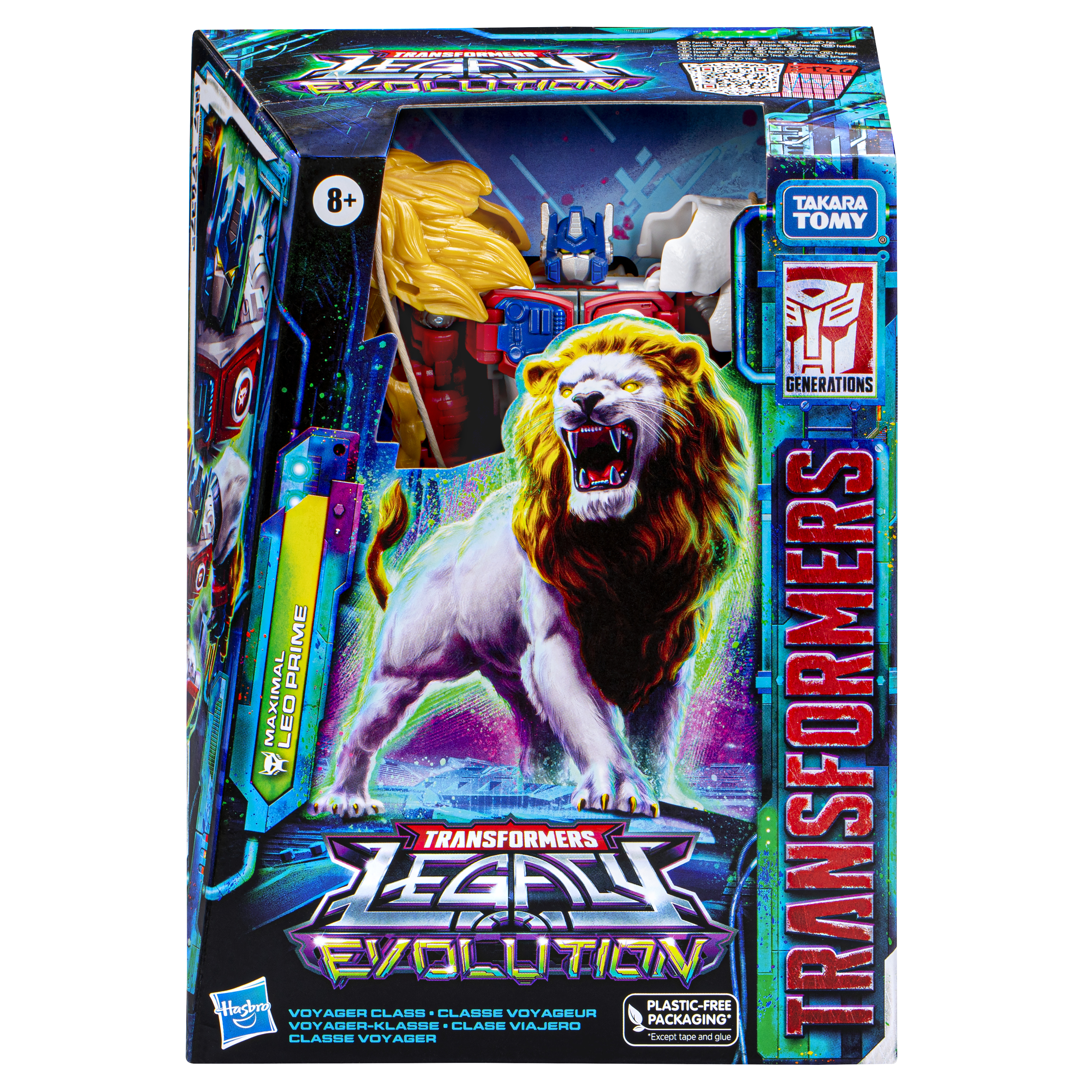 Grafika pudełka dla Transformers Legacy Evolution. Przedstawia lwa i Prime Optimusa. Tekst zawiera Legacy Evolution i Takara Tomy.