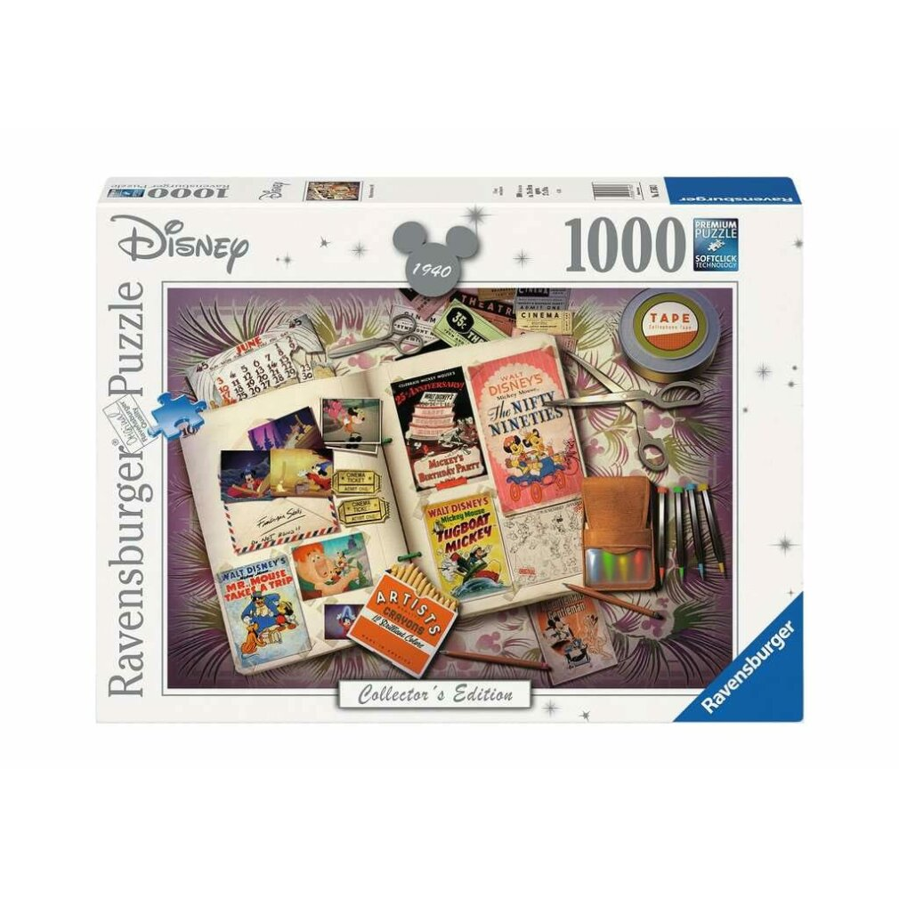 Scatola di puzzle Disney con immagini e cimeli vintage di Disney, tra cui Topolino, cartoline e biglietti del cinema.