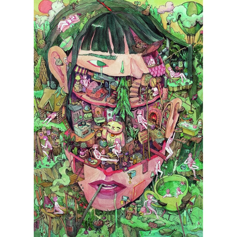 Illustration surréaliste d'un visage avec une ville à l'intérieur. Des gens se prélassent dans des tasses à thé, sur des toits et dans des maisons.