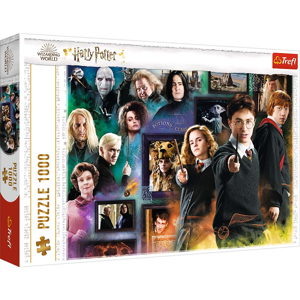 Une boîte de puzzle Harry Potter montre des personnages comme Harry, Ron et Hermione avec des baguettes, et Voldemort. Le puzzle est de Trefl.