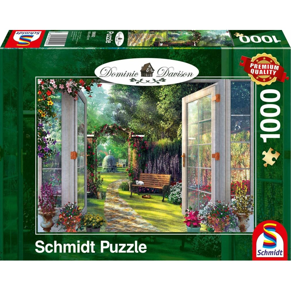 Caja de rompecabezas con una escena de jardín. Ventanas abiertas enmarcan un camino hacia un banco con un gato y un arco de jardín.